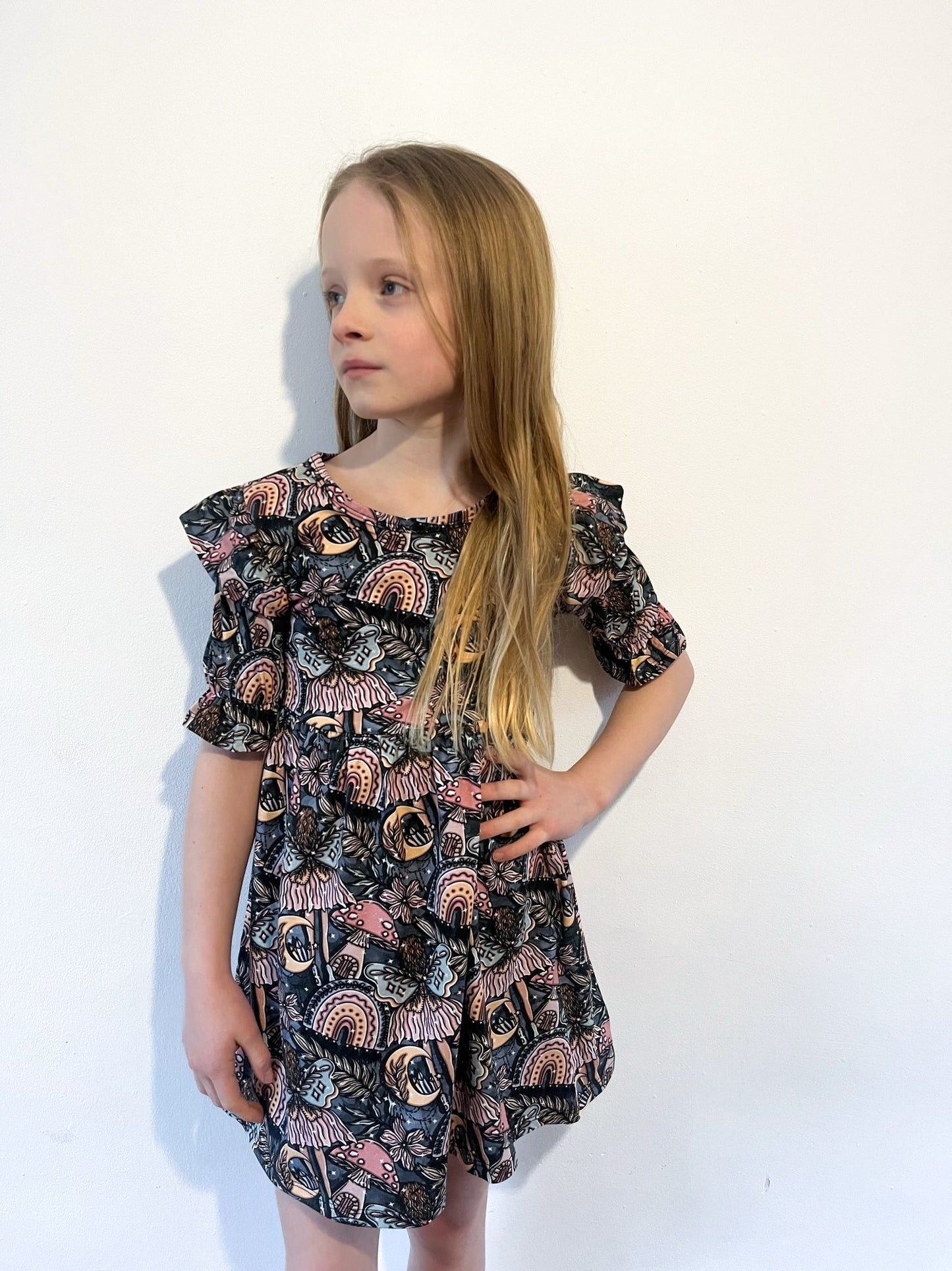 Pre Made Boho Fairy Short Sleeve Ruffle Dresses – Handmade Forest Magic Print with Moons, Butterflies & Mushrooms