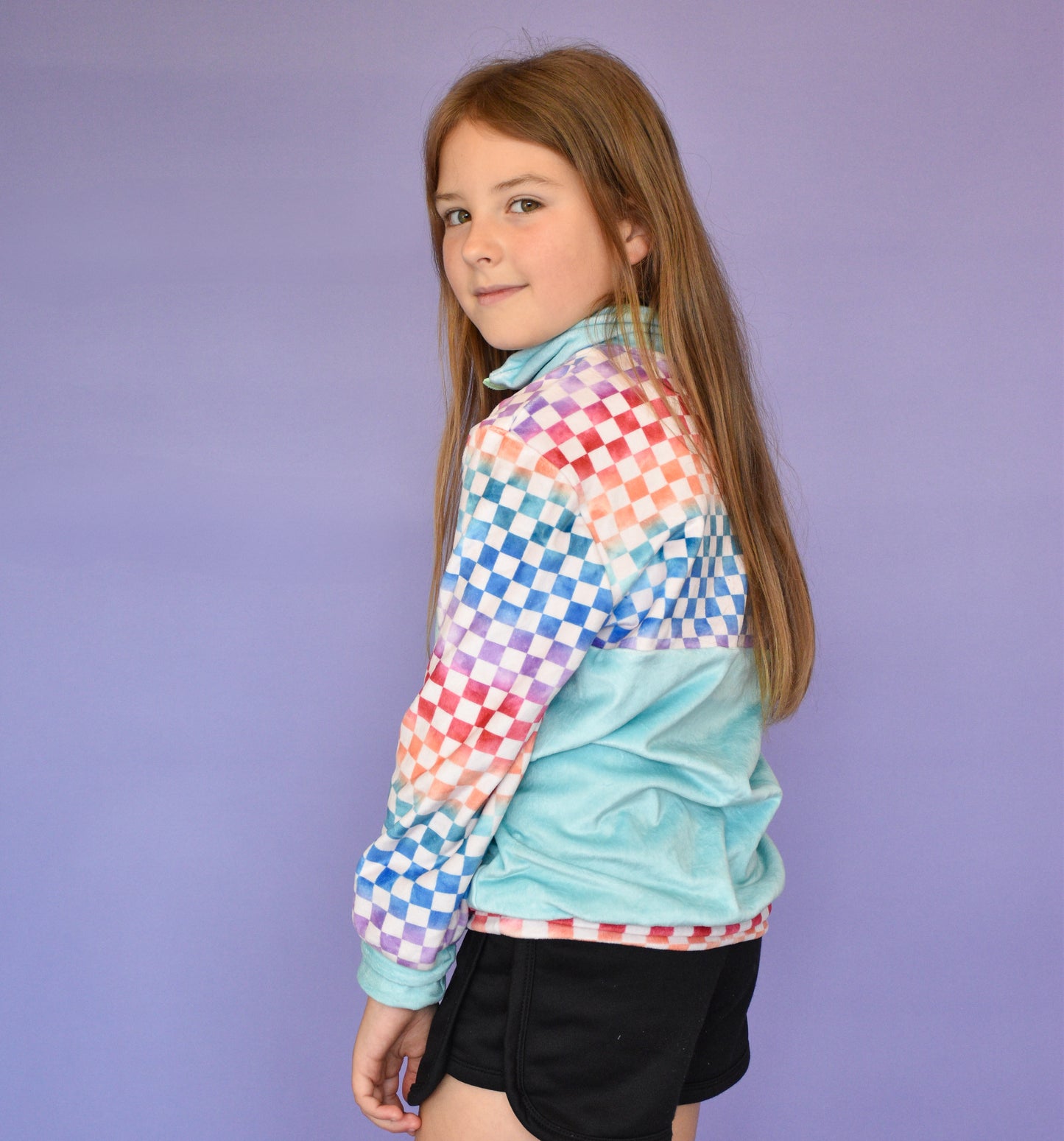 Kids Rainbow Checkerboard Retro Fleece Pullover – Half-Zip Hoodie
