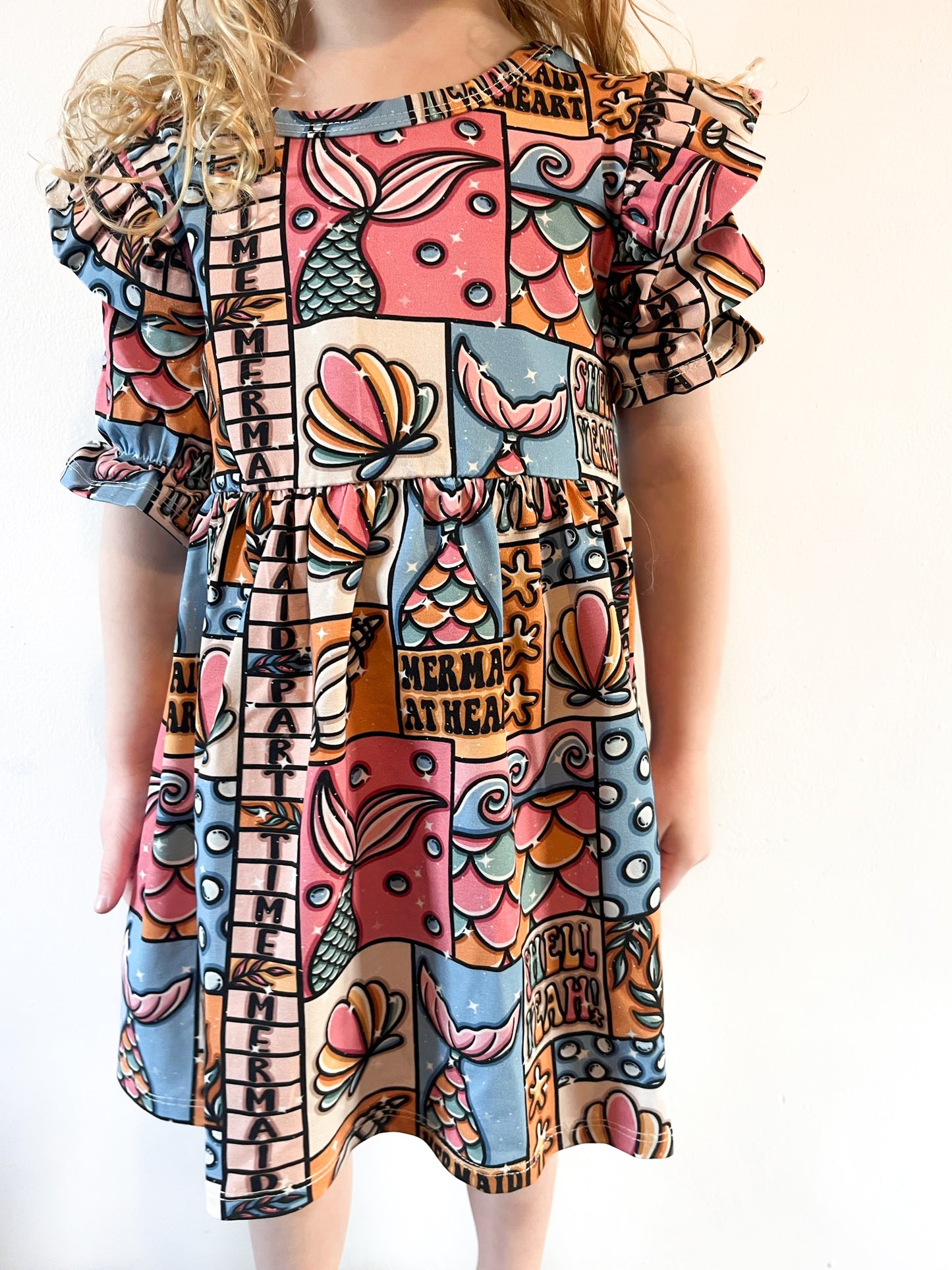 Pre Made Shell Yeah Short Sleeve Ruffle Dresses – Ocean-Inspired Fun for Girls