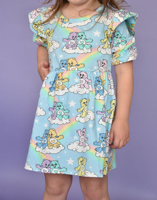 Pre Made Rainbow Bears Short Sleeve Ruffle Dresses - Retro Rainbow, Sweetheart Sky Dress