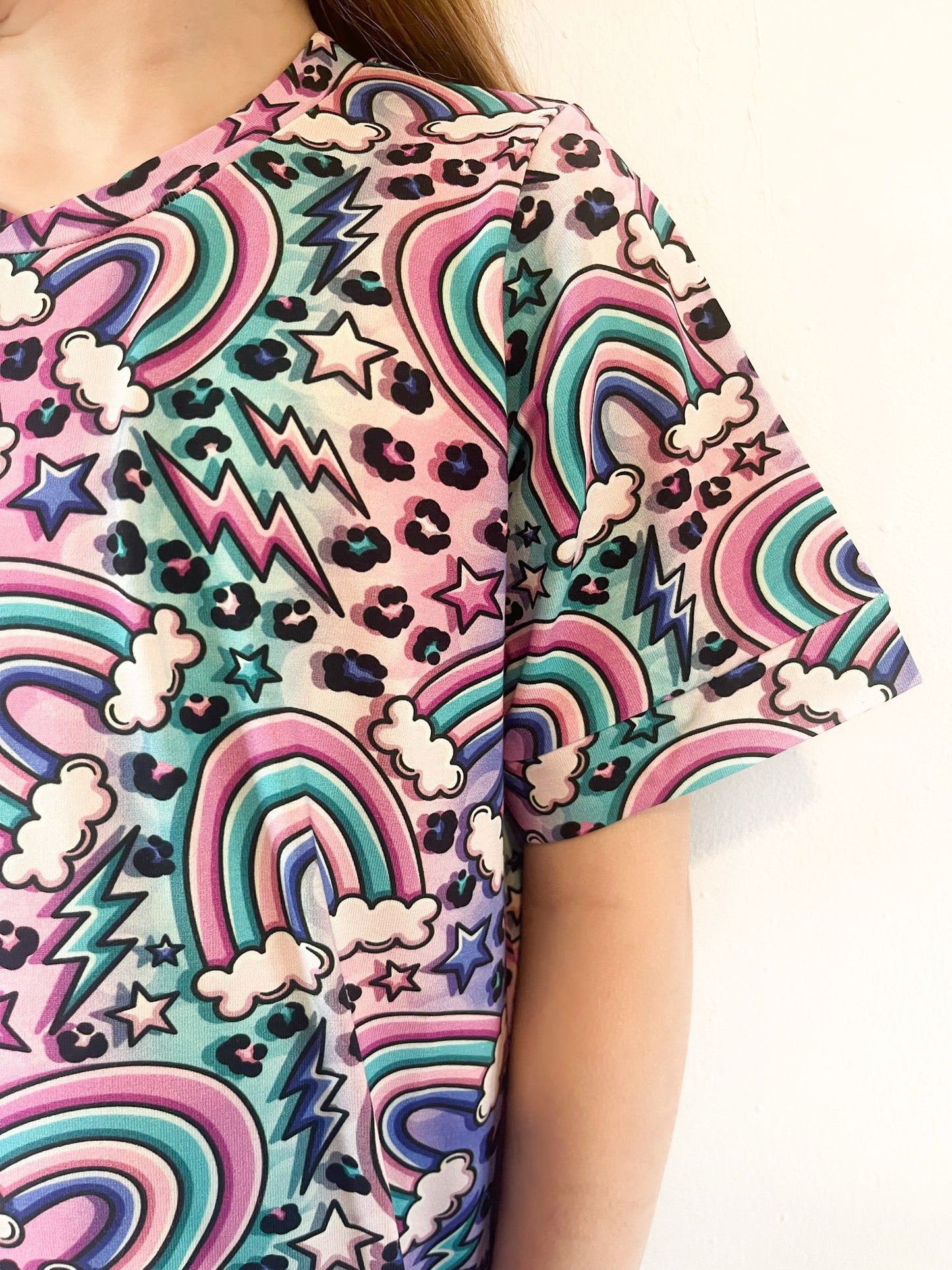 “Electric Rainbow” Rainbow Smock Dress – Girls’ Retro Print Dress with Pockets. Pre made.