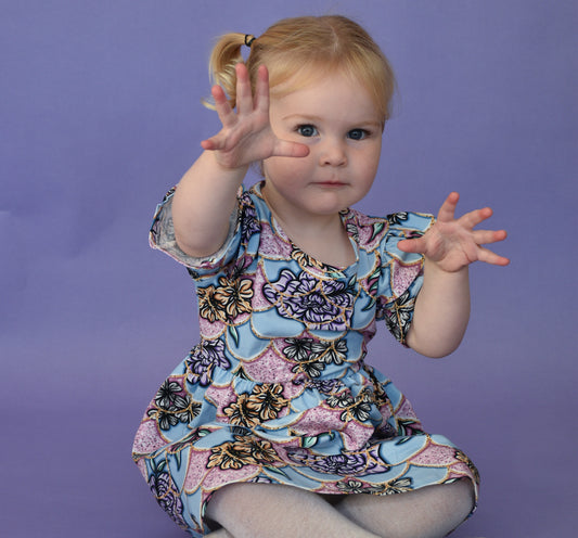 Pre Made Blue Floral Scales Short Sleeve Ruffle Dresses - Beautiful and Blooming!