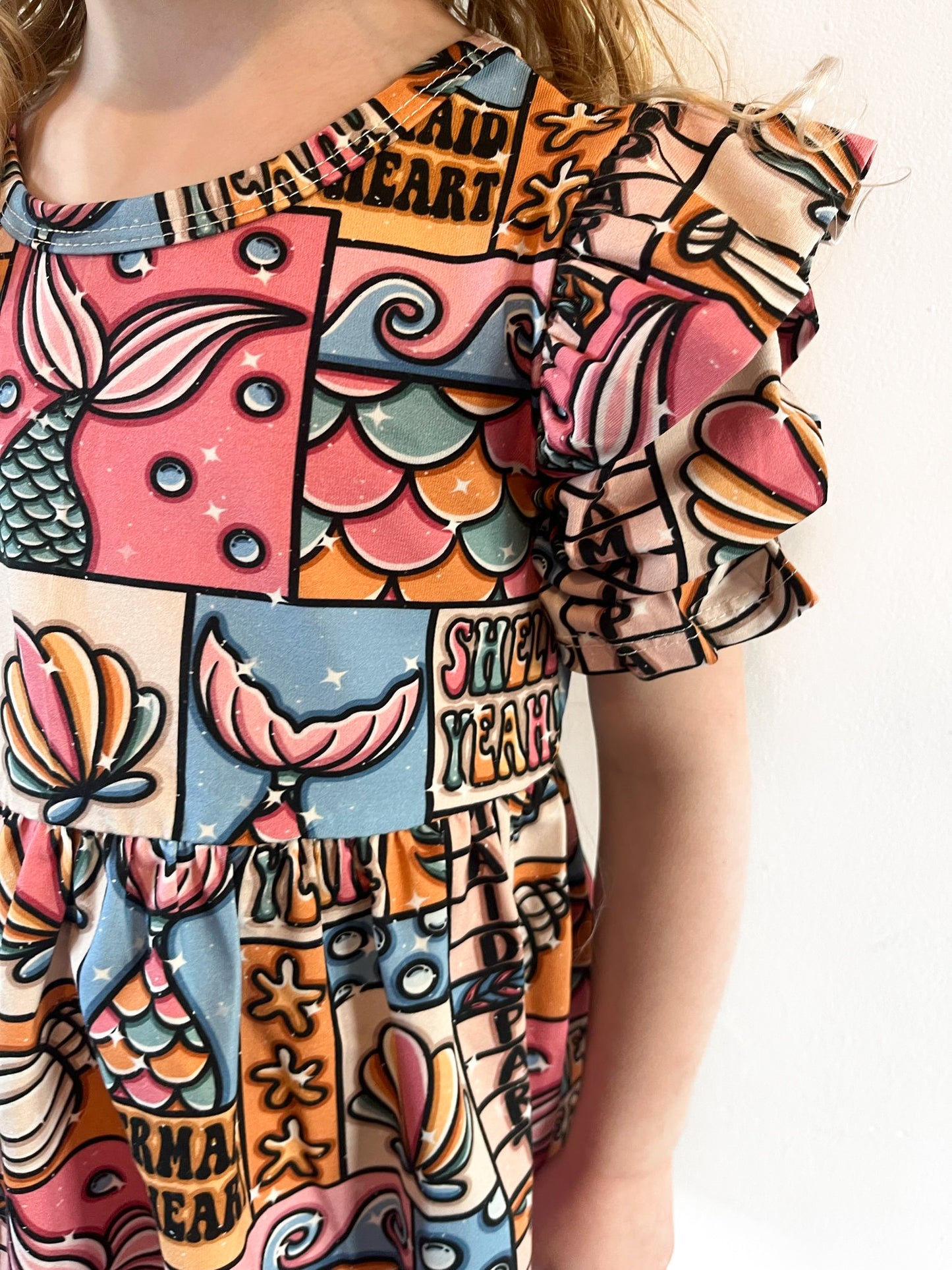 Pre Made Shell Yeah Short Sleeve Ruffle Dresses – Ocean-Inspired Fun for Girls