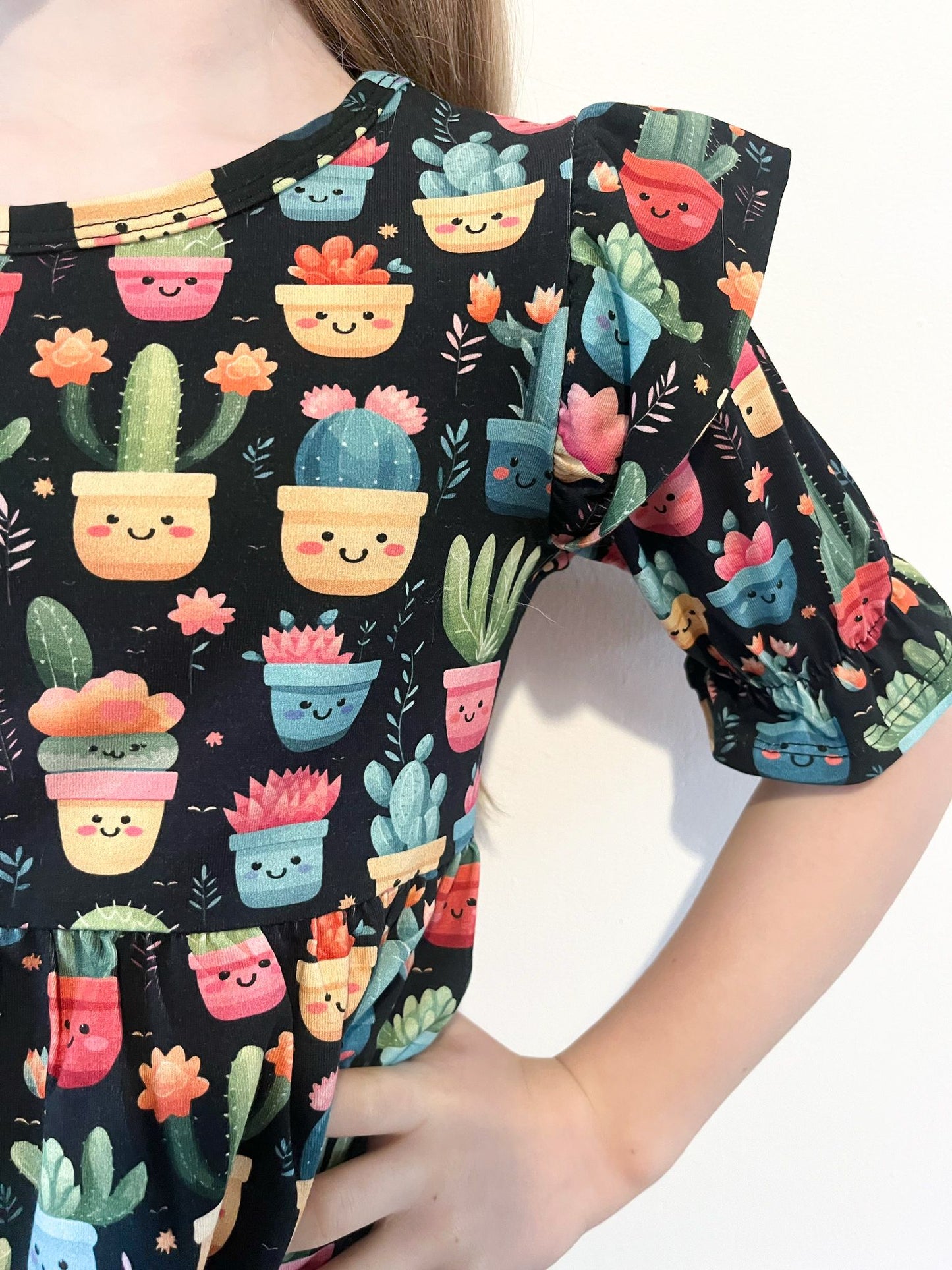 Pre Made Cute Cacti Short Sleeve Ruffle Dresses - Fun Succulent Style