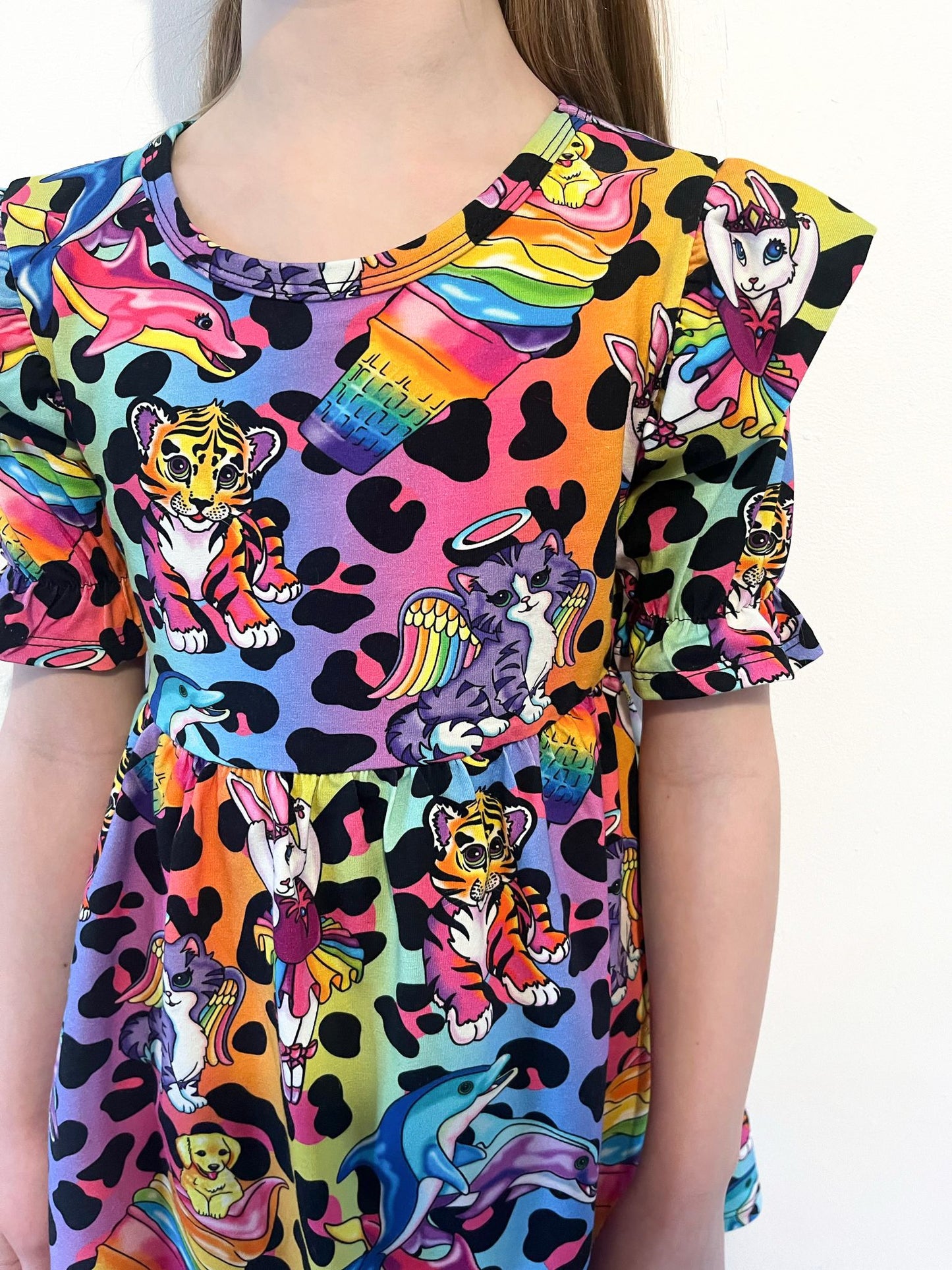 Pre Made Psychadelic Scenes Short Sleeve Ruffle Dresses - Colourful Handmade Girls’ Animal Print Dress
