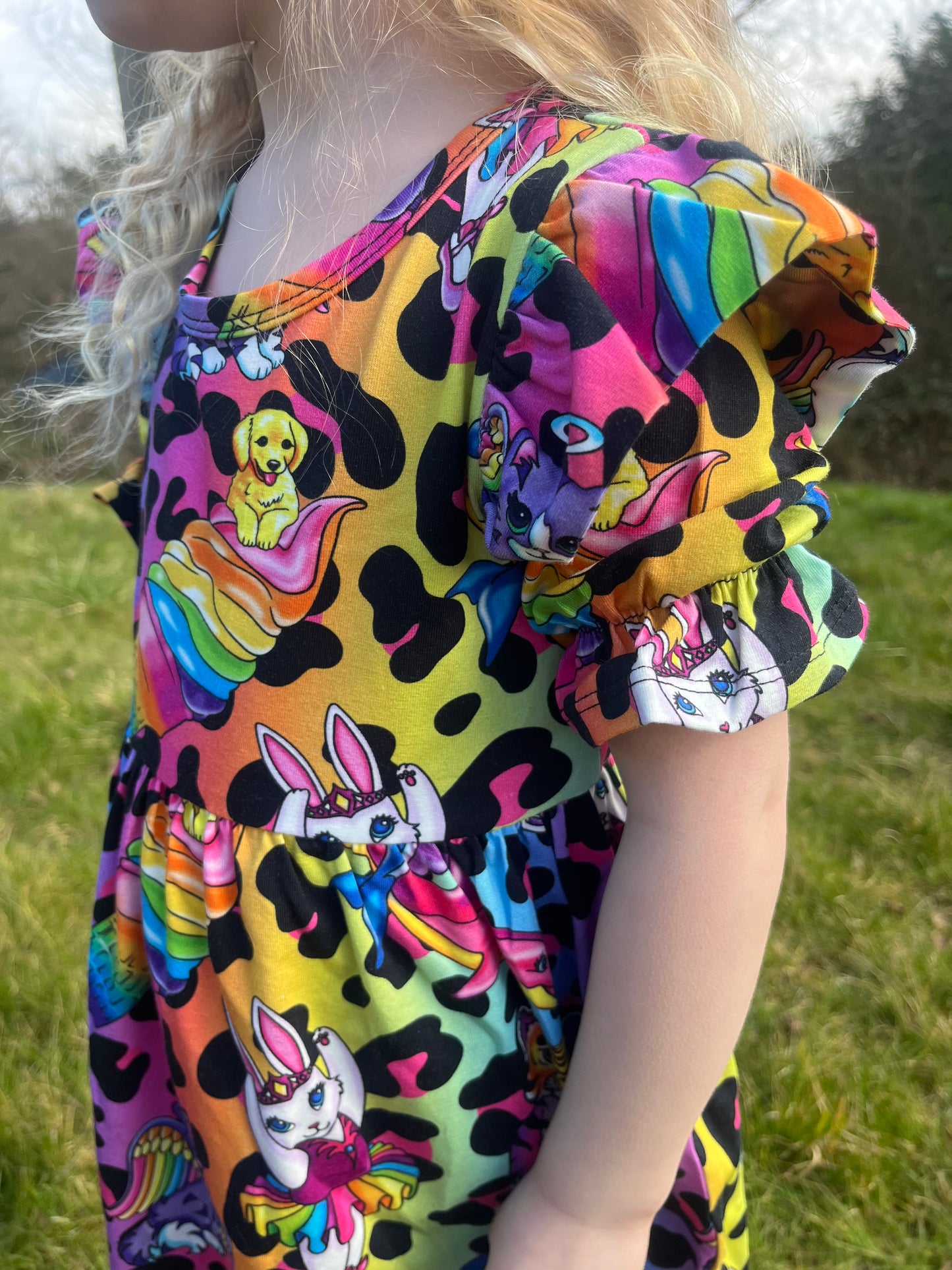 Pre Made Psychadelic Scenes Short Sleeve Ruffle Dresses - Colourful Handmade Girls’ Animal Print Dress