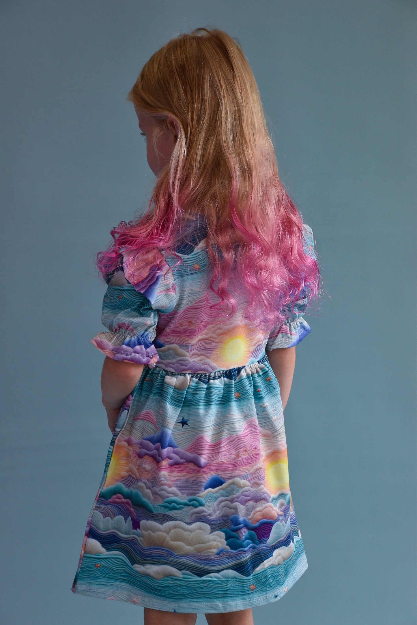 Pre Made Pretty Sunsets Short Sleeve Ruffle Dresses – Handmade Sunset Cloud Print Dress for Kids