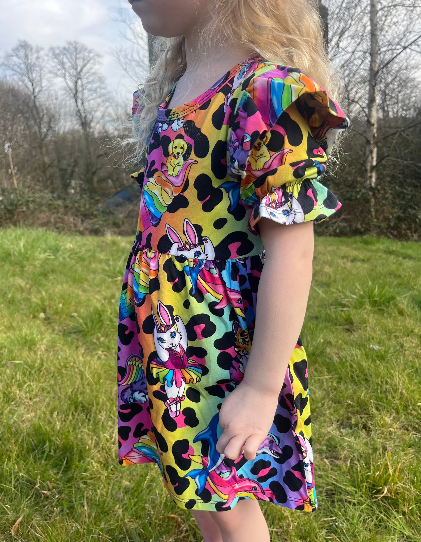 Pre Made Psychadelic Scenes Short Sleeve Ruffle Dresses - Colourful Handmade Girls’ Animal Print Dress