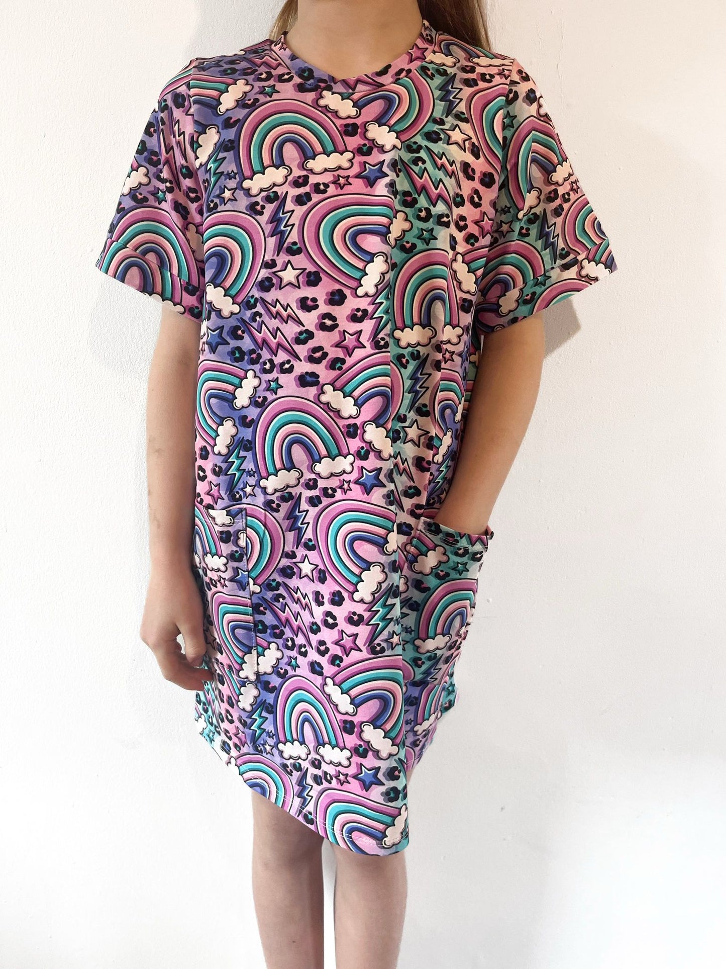 “Electric Rainbow” Rainbow Smock Dress – Girls’ Retro Print Dress with Pockets. Pre made.