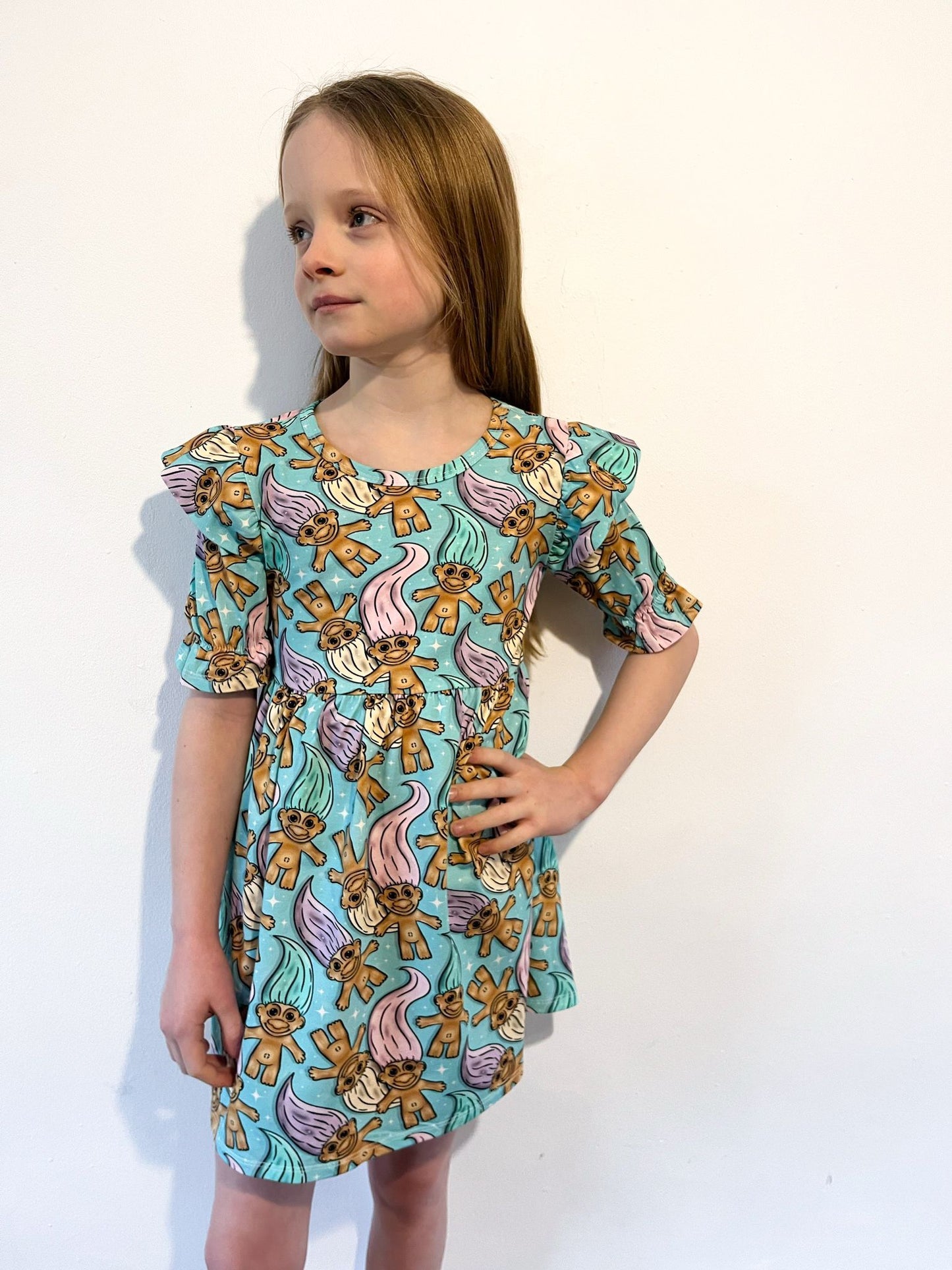 Pre Made Pastel Trolls Short Sleeve Ruffle Dresses - Troll Hair Don’t Care Dress