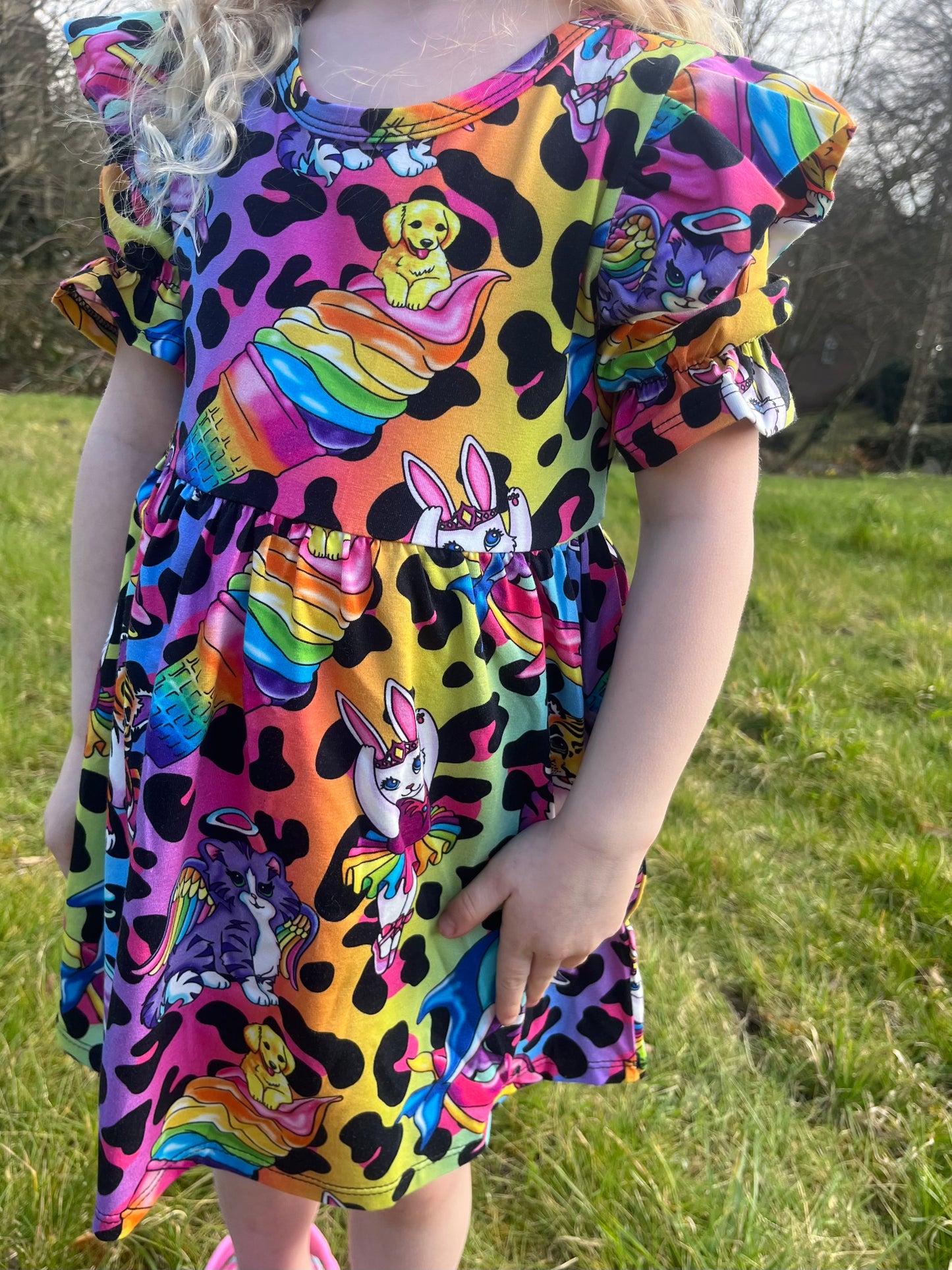 Pre Made Psychadelic Scenes Short Sleeve Ruffle Dresses - Colourful Handmade Girls’ Animal Print Dress