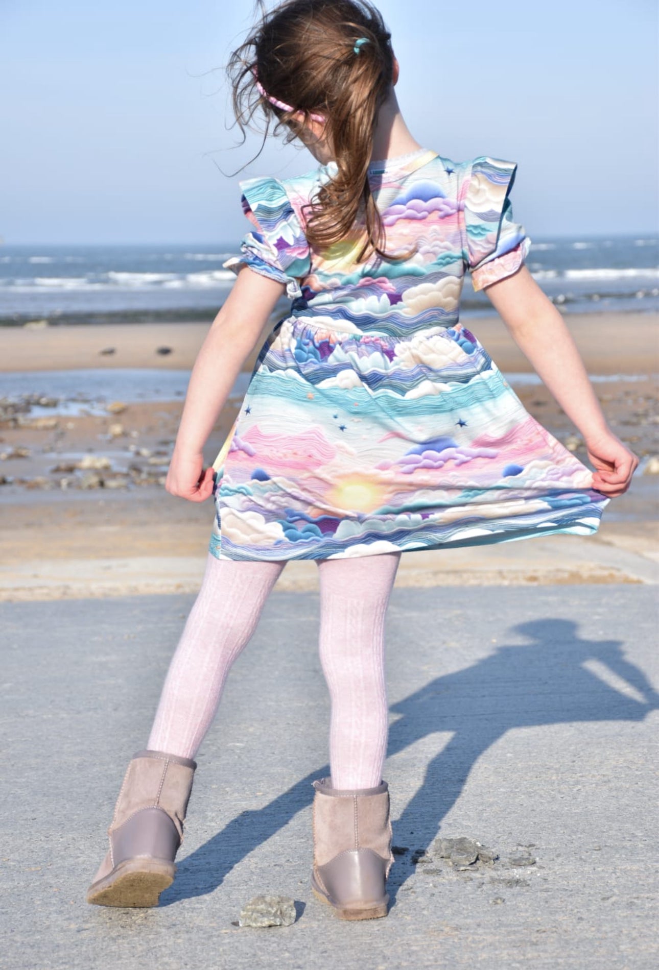 Pre Made Pretty Sunsets Short Sleeve Ruffle Dresses – Handmade Sunset Cloud Print Dress for Kids