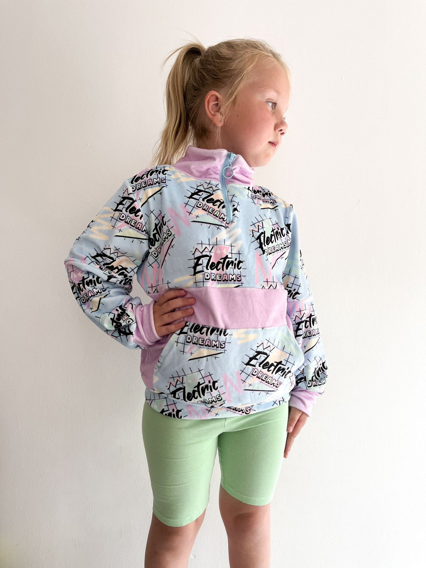 Kids “Electric Dreams” Fleece Pullover – 80s-Inspired Pastel Half-Zip Hoodie