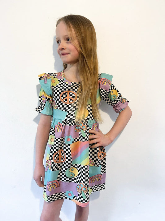 Pre Made Retro Shrooms Short Sleeve Ruffle Dresses – Peace, Rainbows & Mushrooms