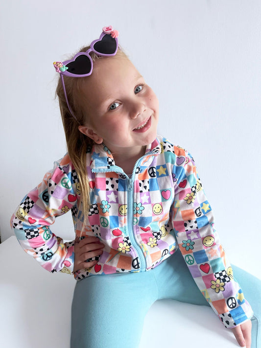 Y2K Pastel Patchwork Fleece Jacket for Kids – Smiley Face, Peace Sign & Heart Print, Groovy Check