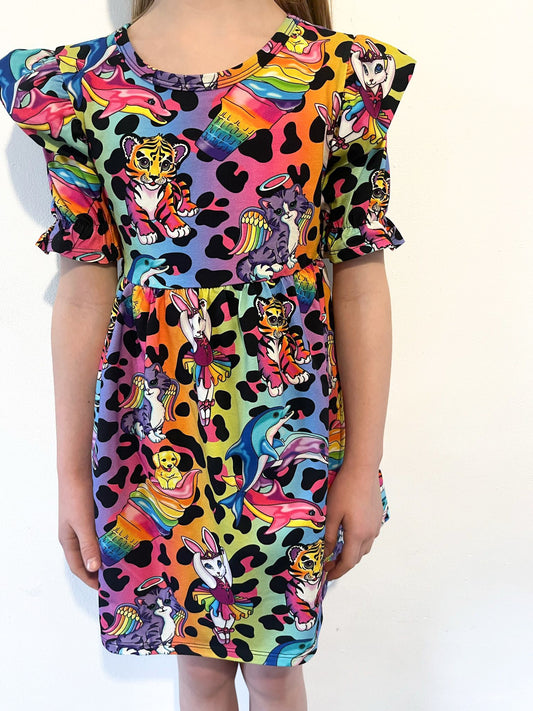 Pre Made Psychadelic Scenes Short Sleeve Ruffle Dresses - Colourful Handmade Girls’ Animal Print Dress