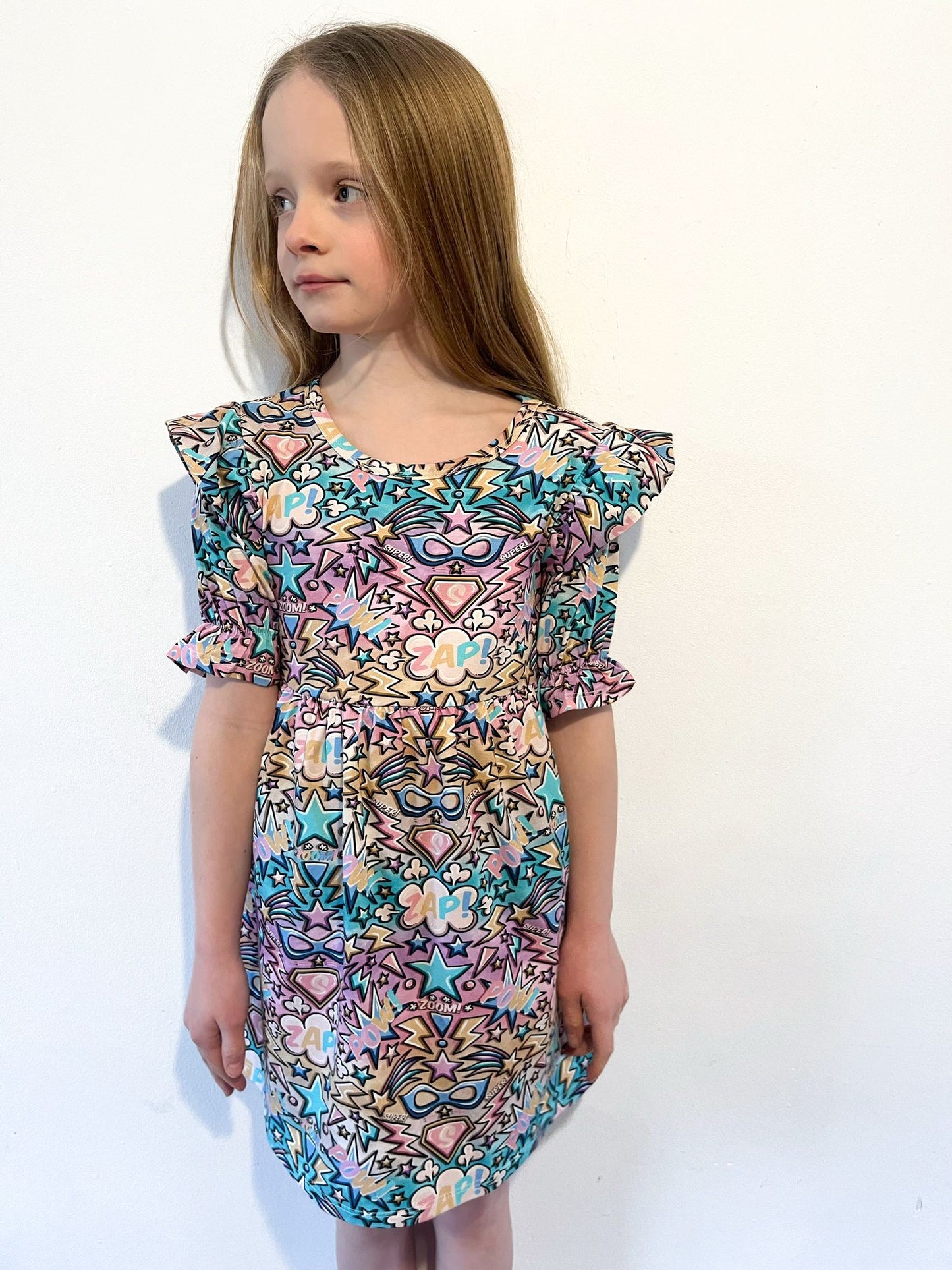 Pre Made Pastel Super Pow Short Sleeve Ruffle Dresses - Handmade “Zap! Pow!” Superhero Dress