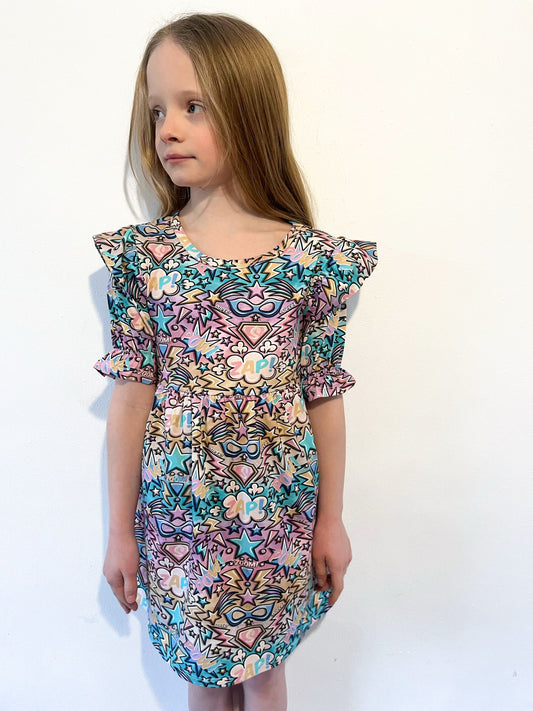 Pre Made Pastel Super Pow Short Sleeve Ruffle Dresses - Handmade “Zap! Pow!” Superhero Dress