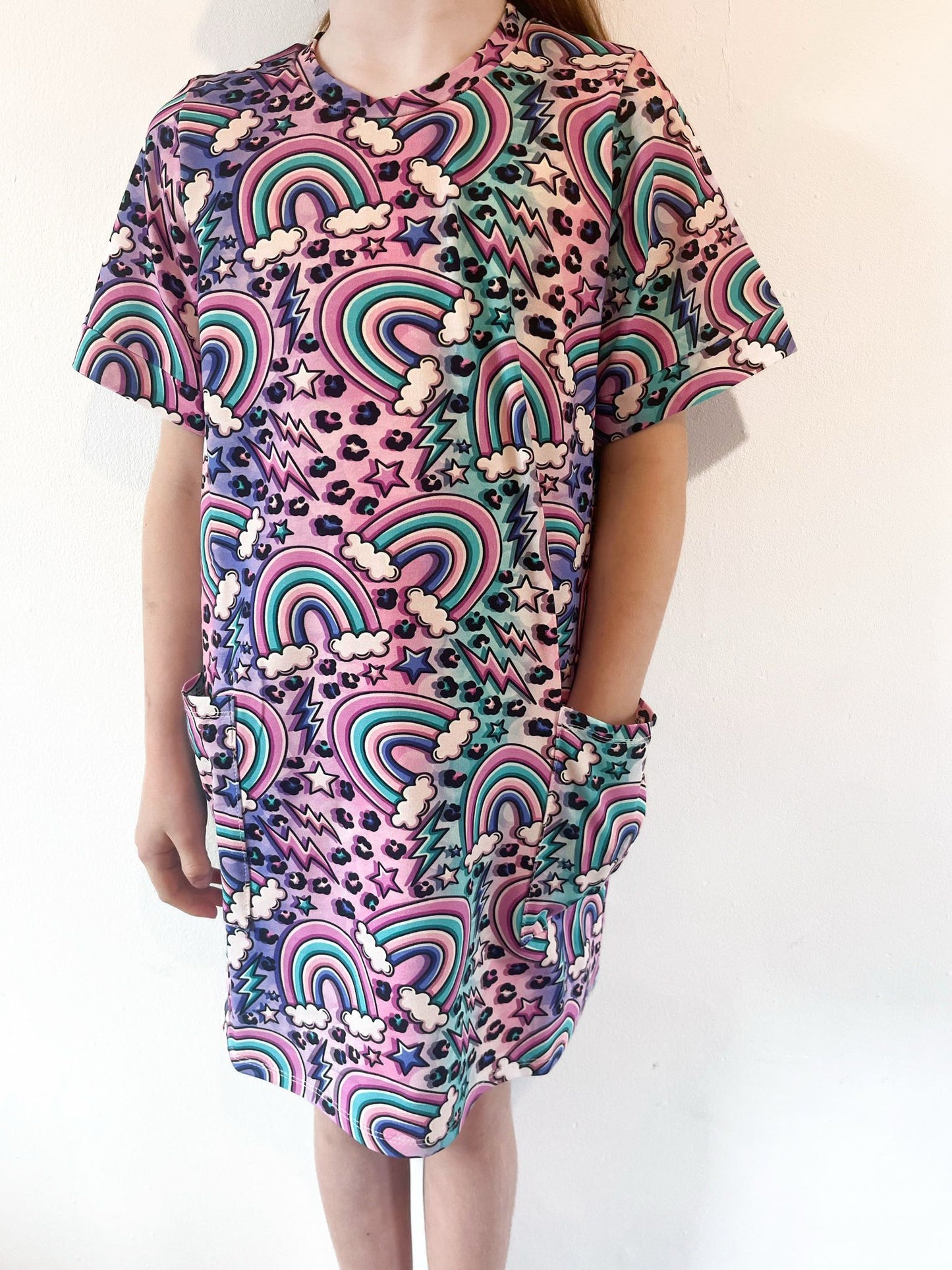 “Electric Rainbow” Rainbow Smock Dress – Girls’ Retro Print Dress with Pockets. Pre made.