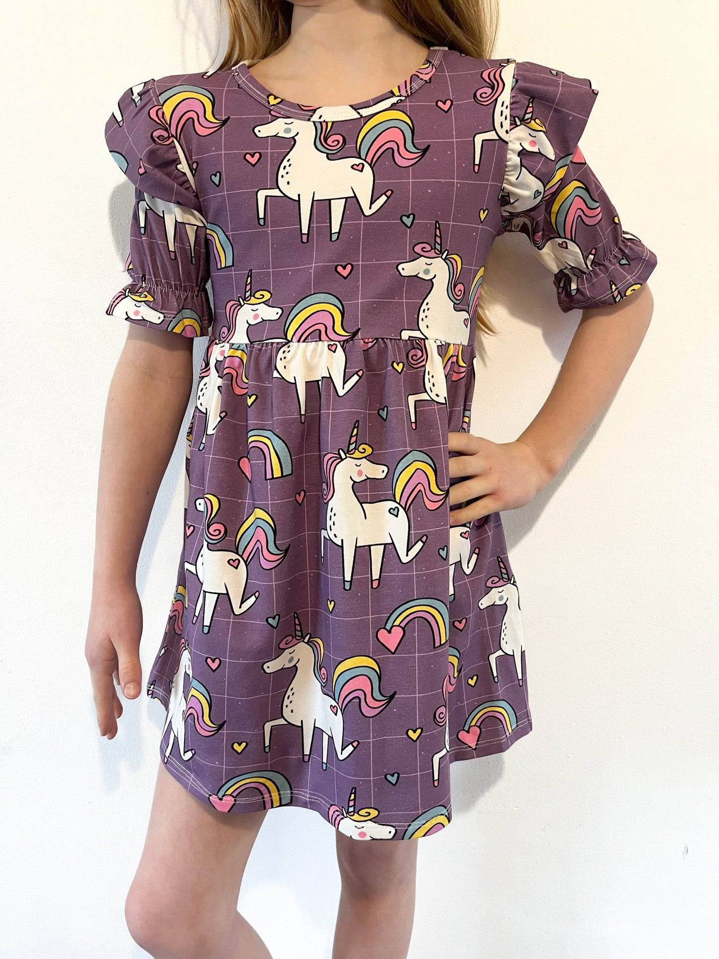 Pre Made Purple Unicorn Short Sleeve Ruffle Dresses - Twirl Into Magic