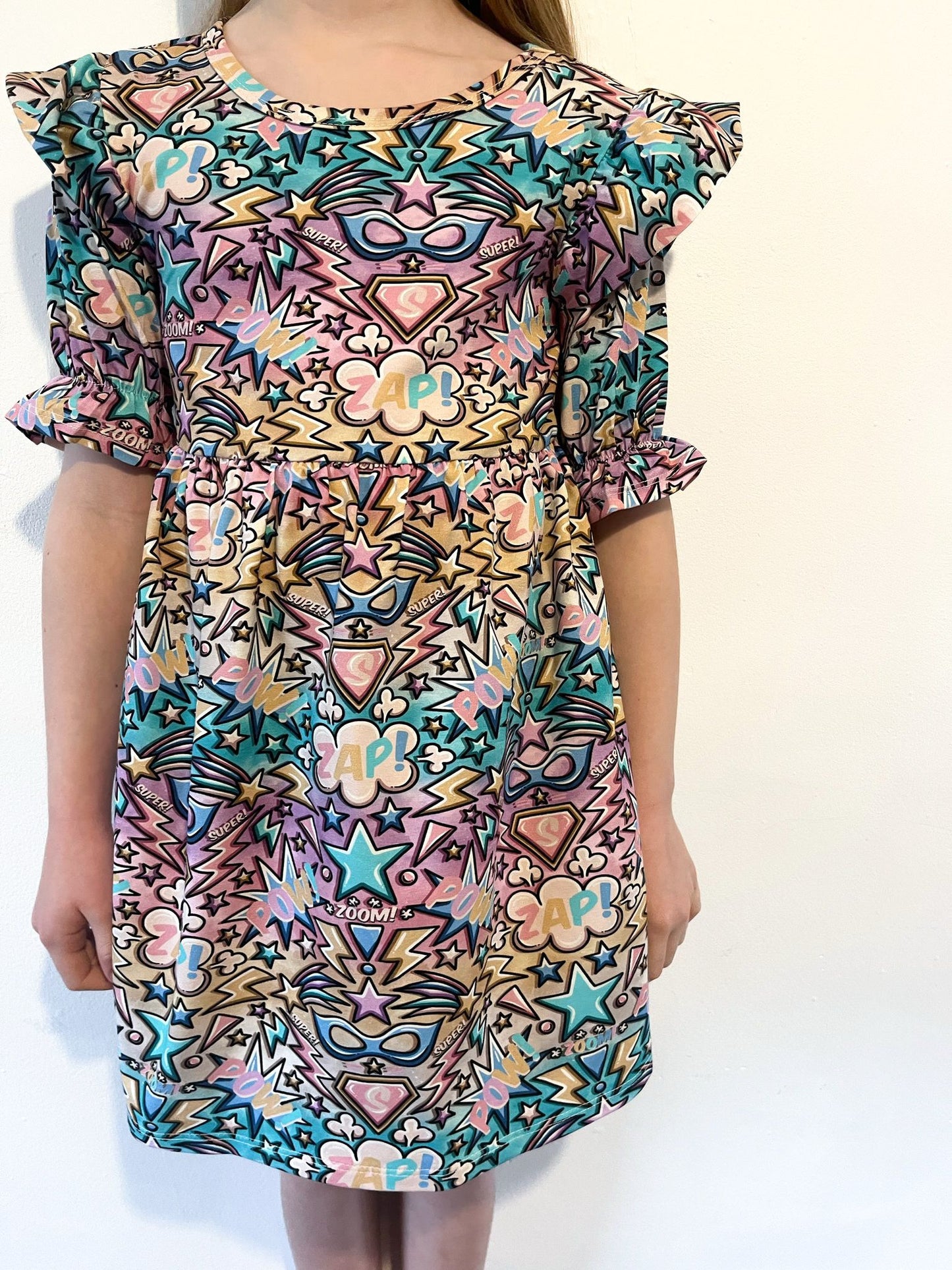 Pre Made Pastel Super Pow Short Sleeve Ruffle Dresses - Handmade “Zap! Pow!” Superhero Dress