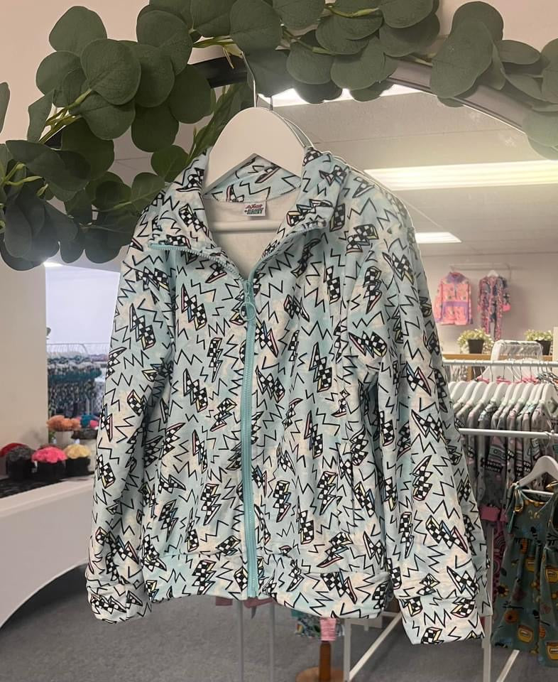 Kids Lightning Bolt Fleece Jacket – 90s Cartoon Print in Powder Blue