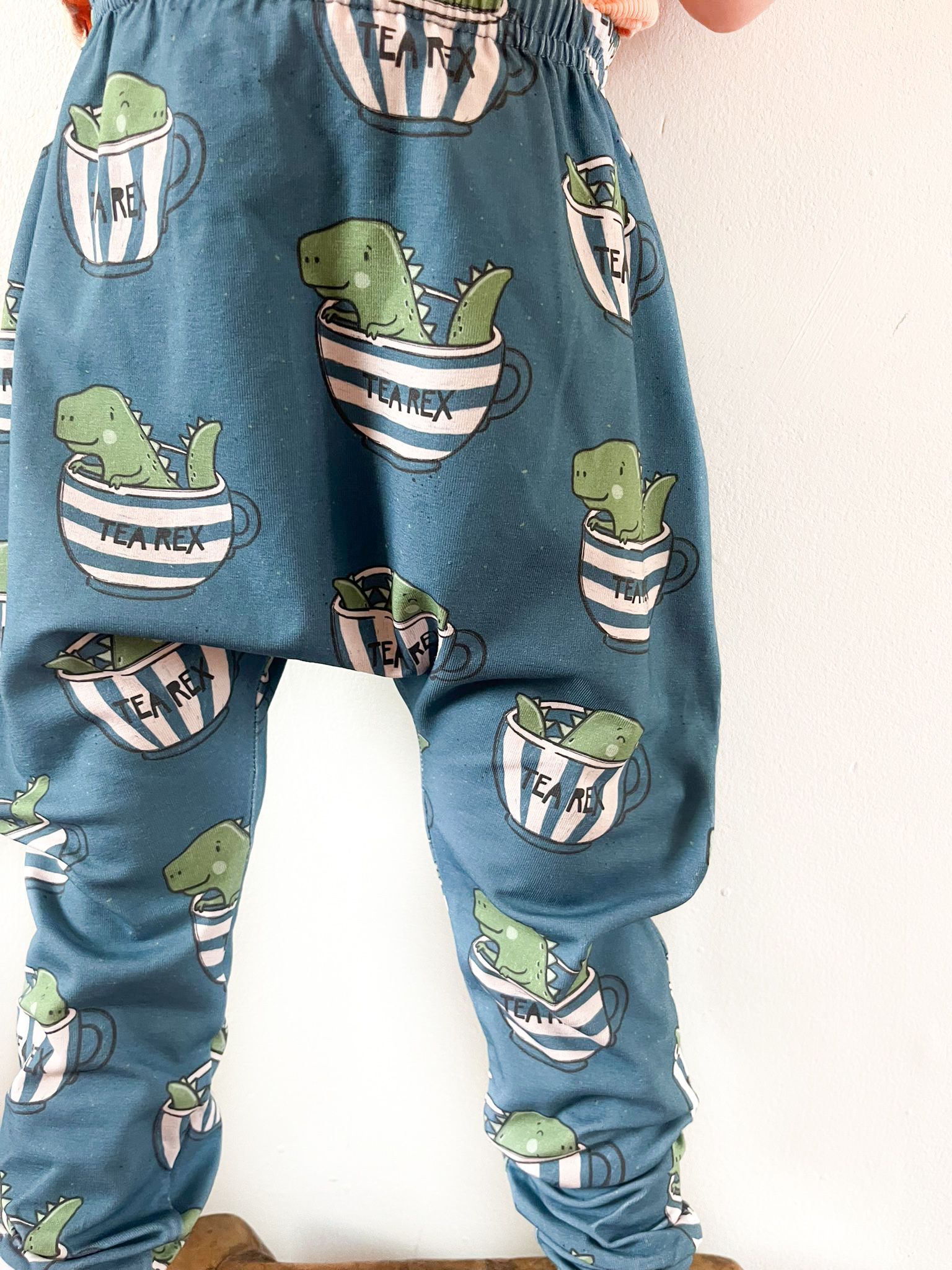 Close-up of toddler wearing dinosaur print harem pants labeled Tea Rex.