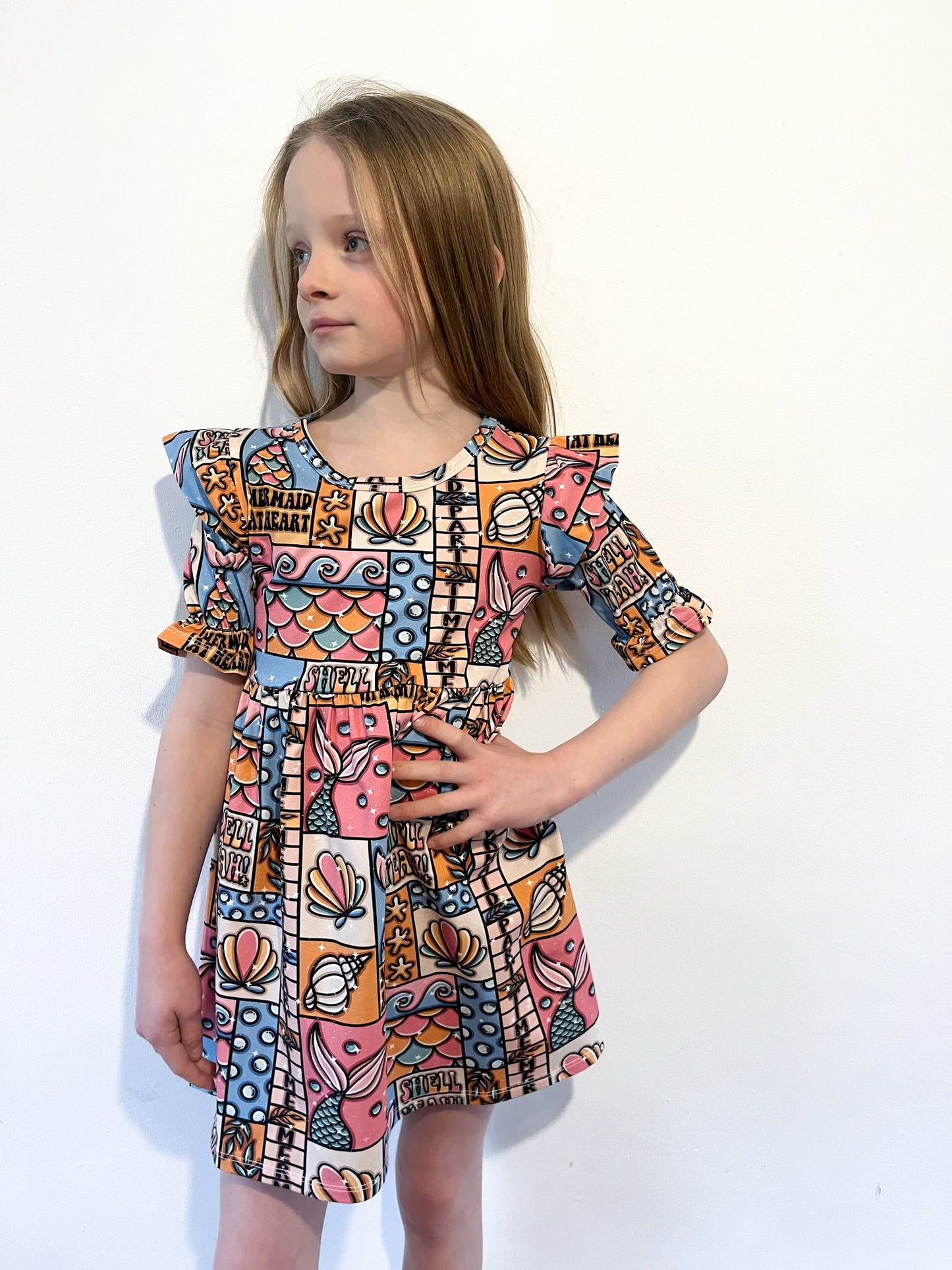 Pre Made Shell Yeah Short Sleeve Ruffle Dresses – Ocean-Inspired Fun for Girls