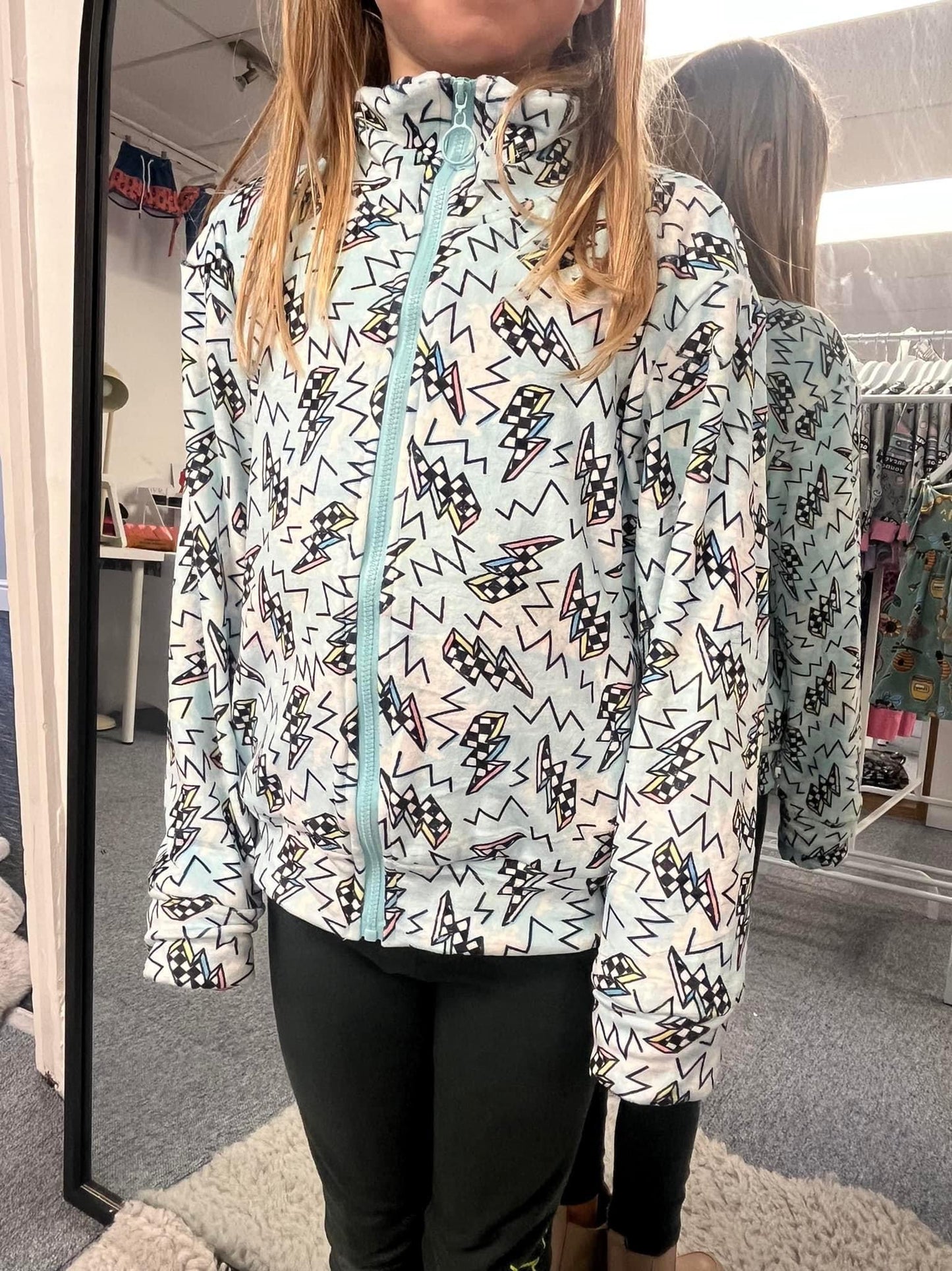 Kids Lightning Bolt Fleece Jacket – 90s Cartoon Print in Powder Blue