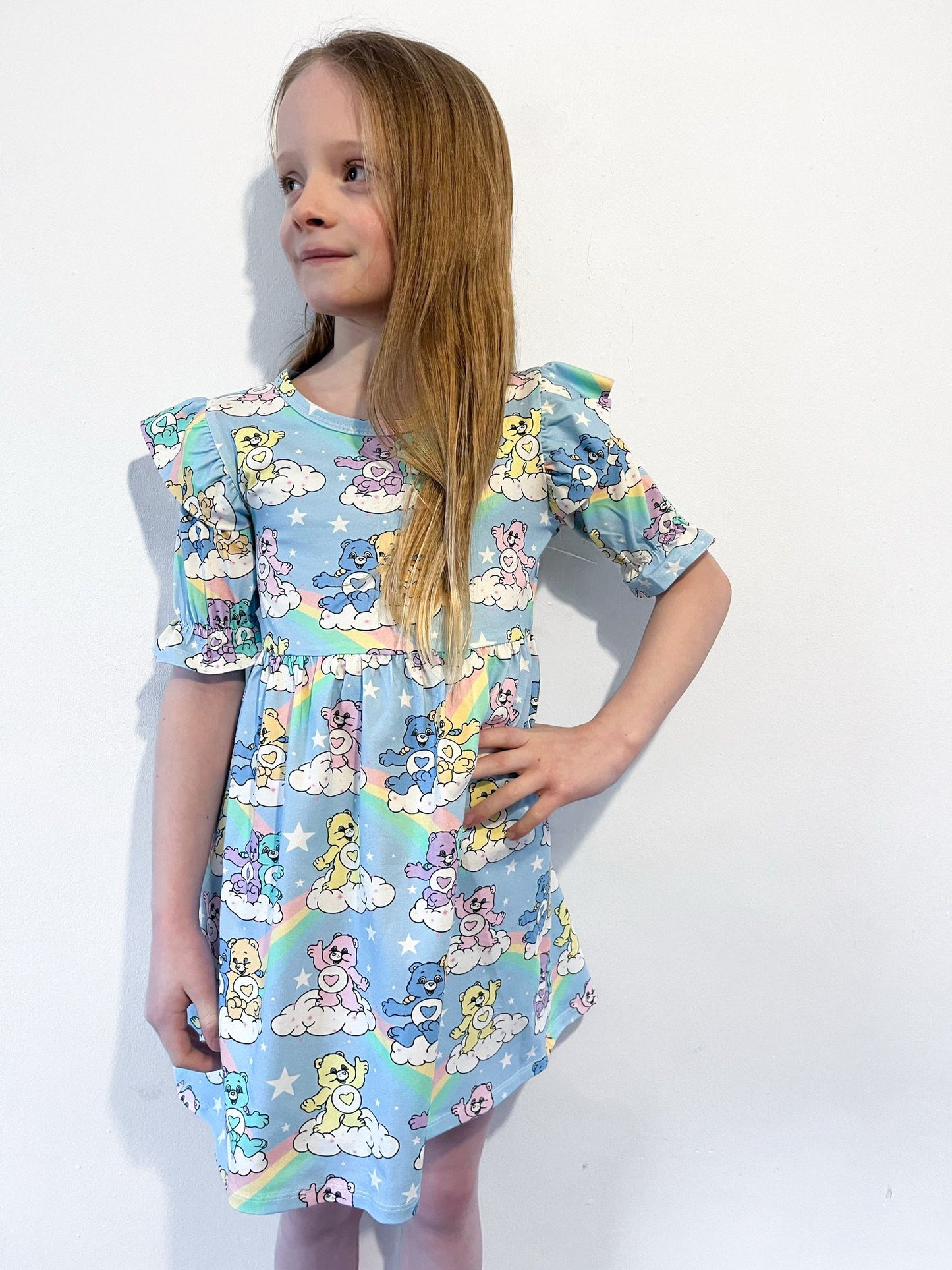 Pre Made Rainbow Bears Short Sleeve Ruffle Dresses - Retro Rainbow, Sweetheart Sky Dress