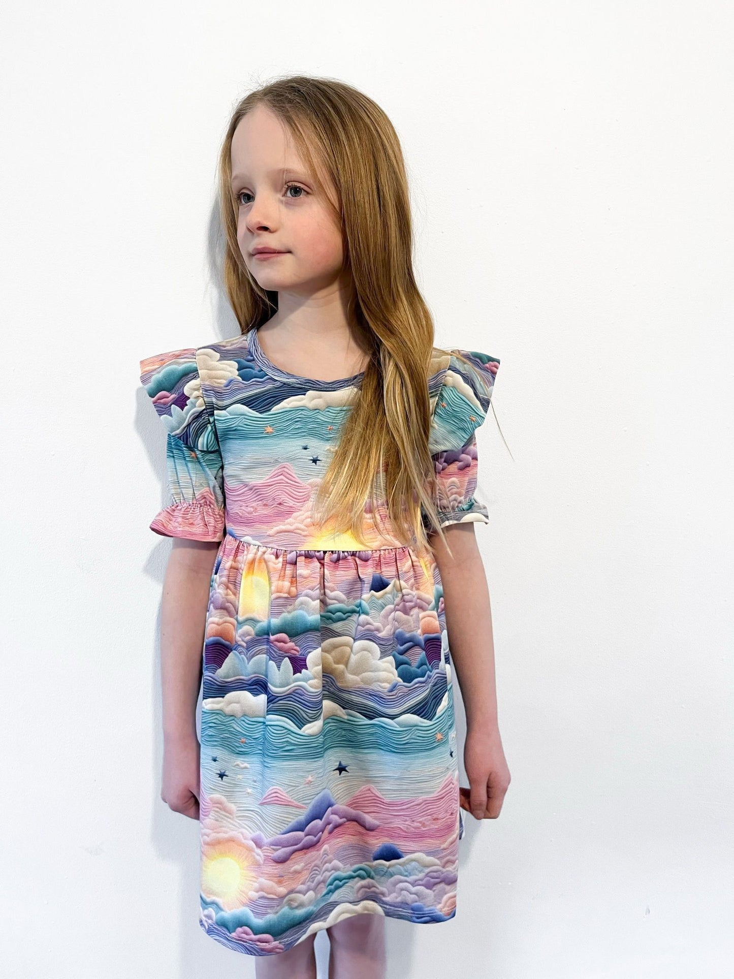 Pre Made Pretty Sunsets Short Sleeve Ruffle Dresses – Handmade Sunset Cloud Print Dress for Kids