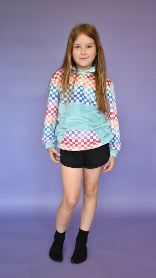 Kids Rainbow Checkerboard Retro Fleece Pullover – Half-Zip Hoodie