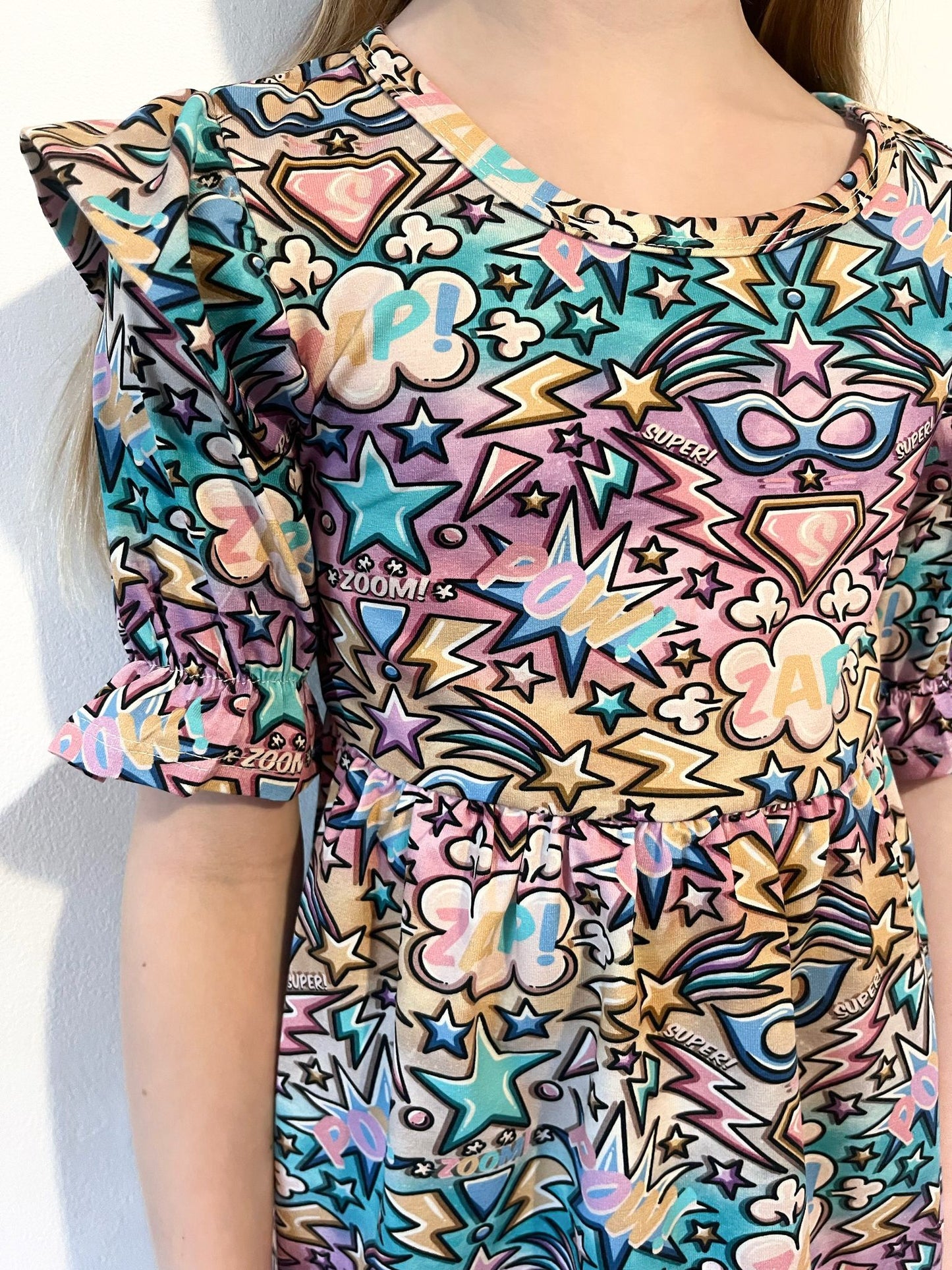 Pre Made Pastel Super Pow Short Sleeve Ruffle Dresses - Handmade “Zap! Pow!” Superhero Dress