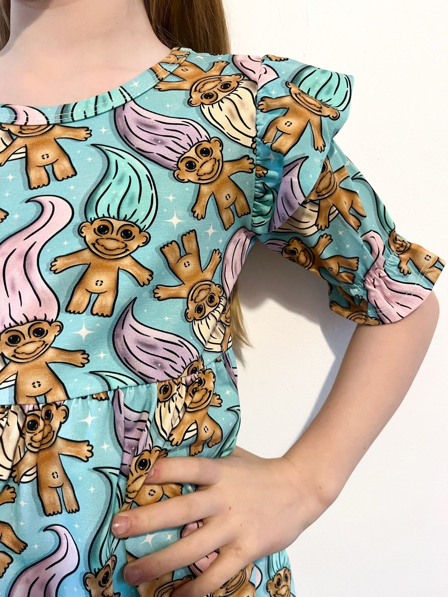 Pre Made Pastel Trolls Short Sleeve Ruffle Dresses - Troll Hair Don’t Care Dress