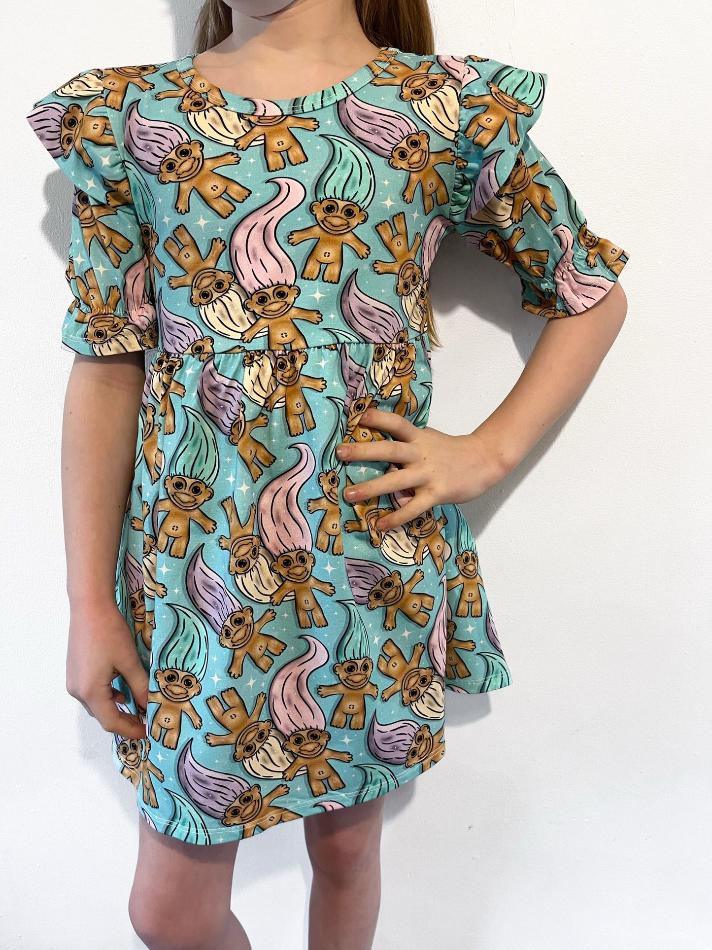 Pre Made Pastel Trolls Short Sleeve Ruffle Dresses - Troll Hair Don’t Care Dress