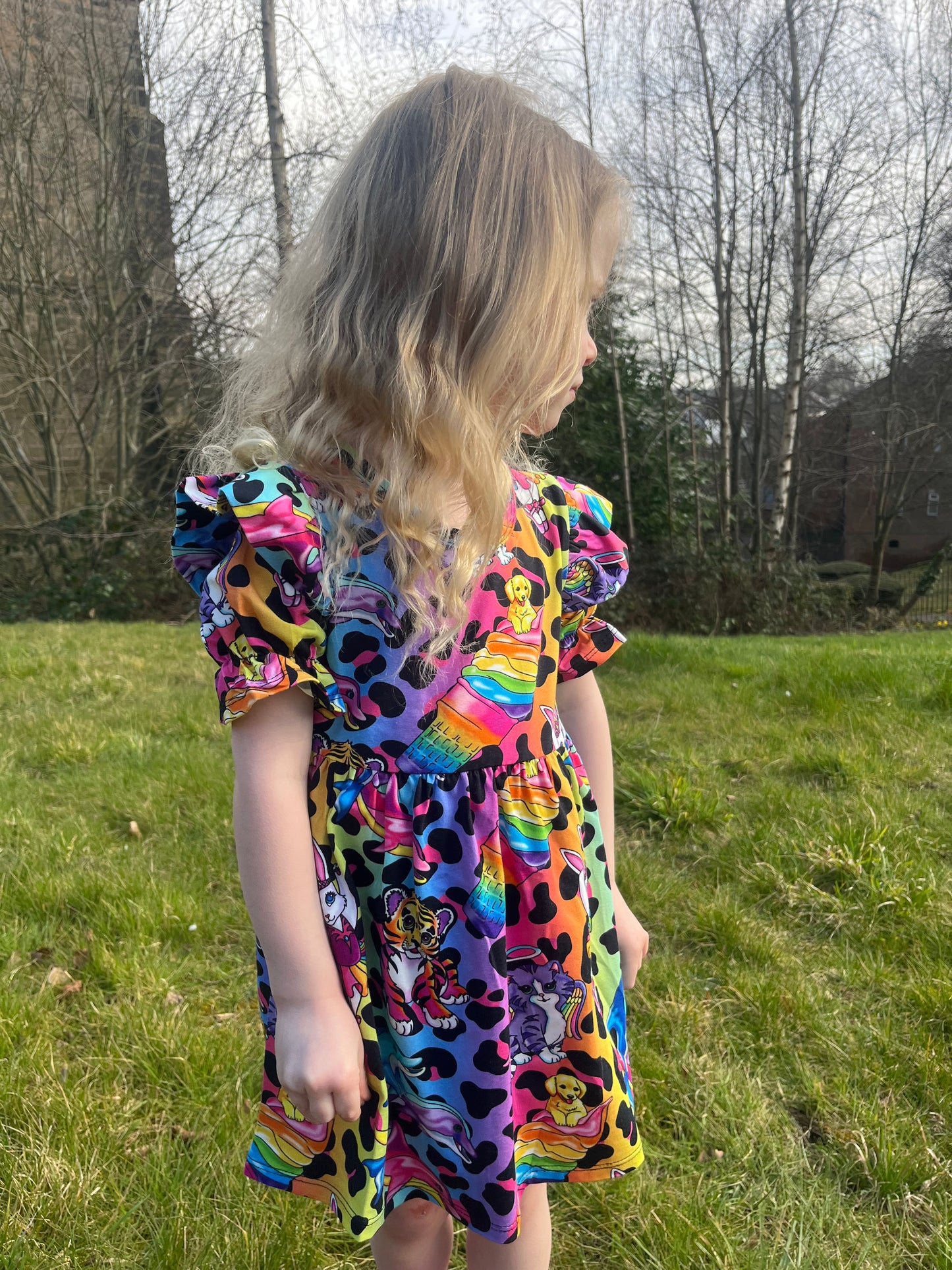 Pre Made Psychadelic Scenes Short Sleeve Ruffle Dresses - Colourful Handmade Girls’ Animal Print Dress