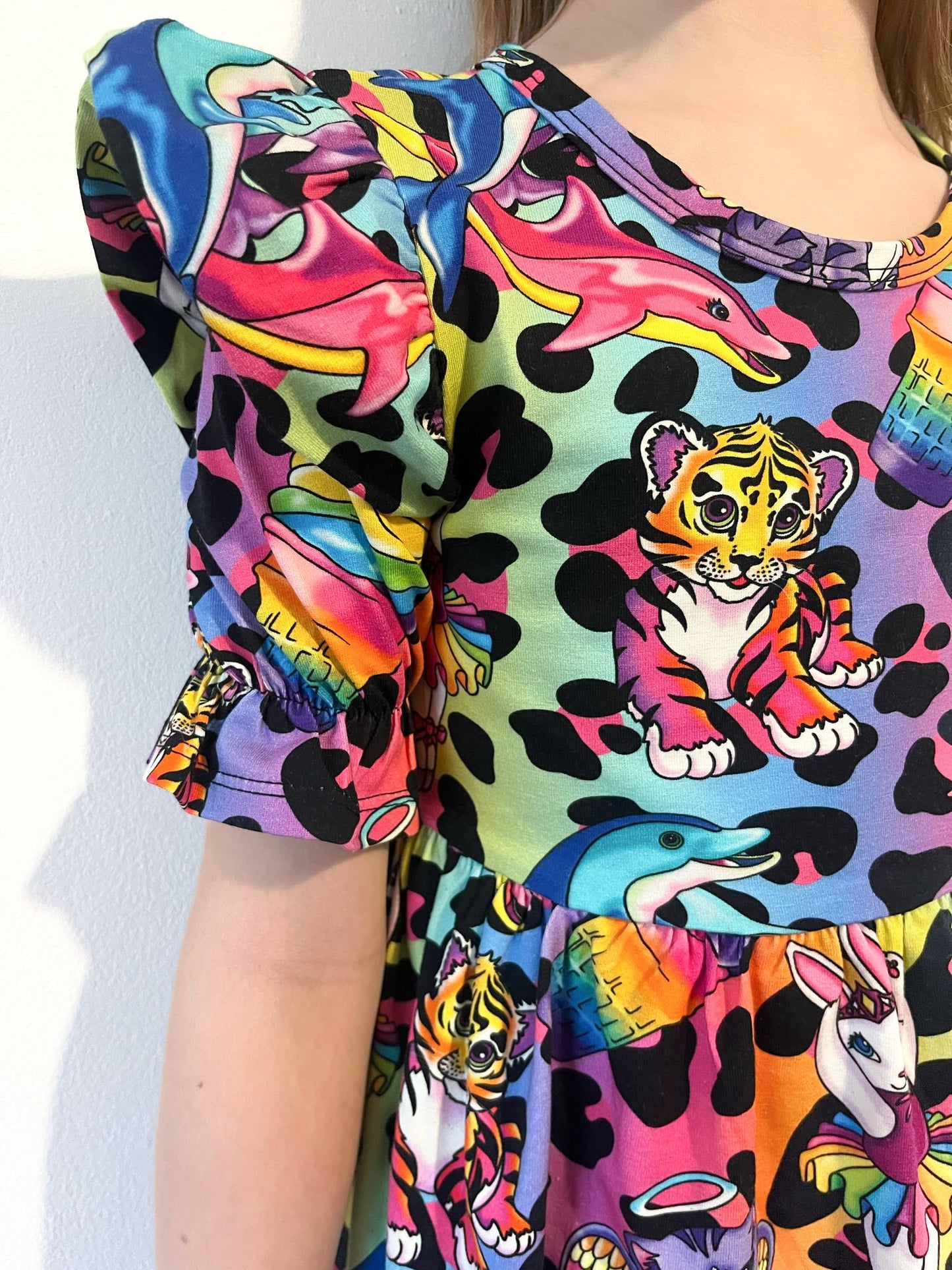 Pre Made Psychadelic Scenes Short Sleeve Ruffle Dresses - Colourful Handmade Girls’ Animal Print Dress