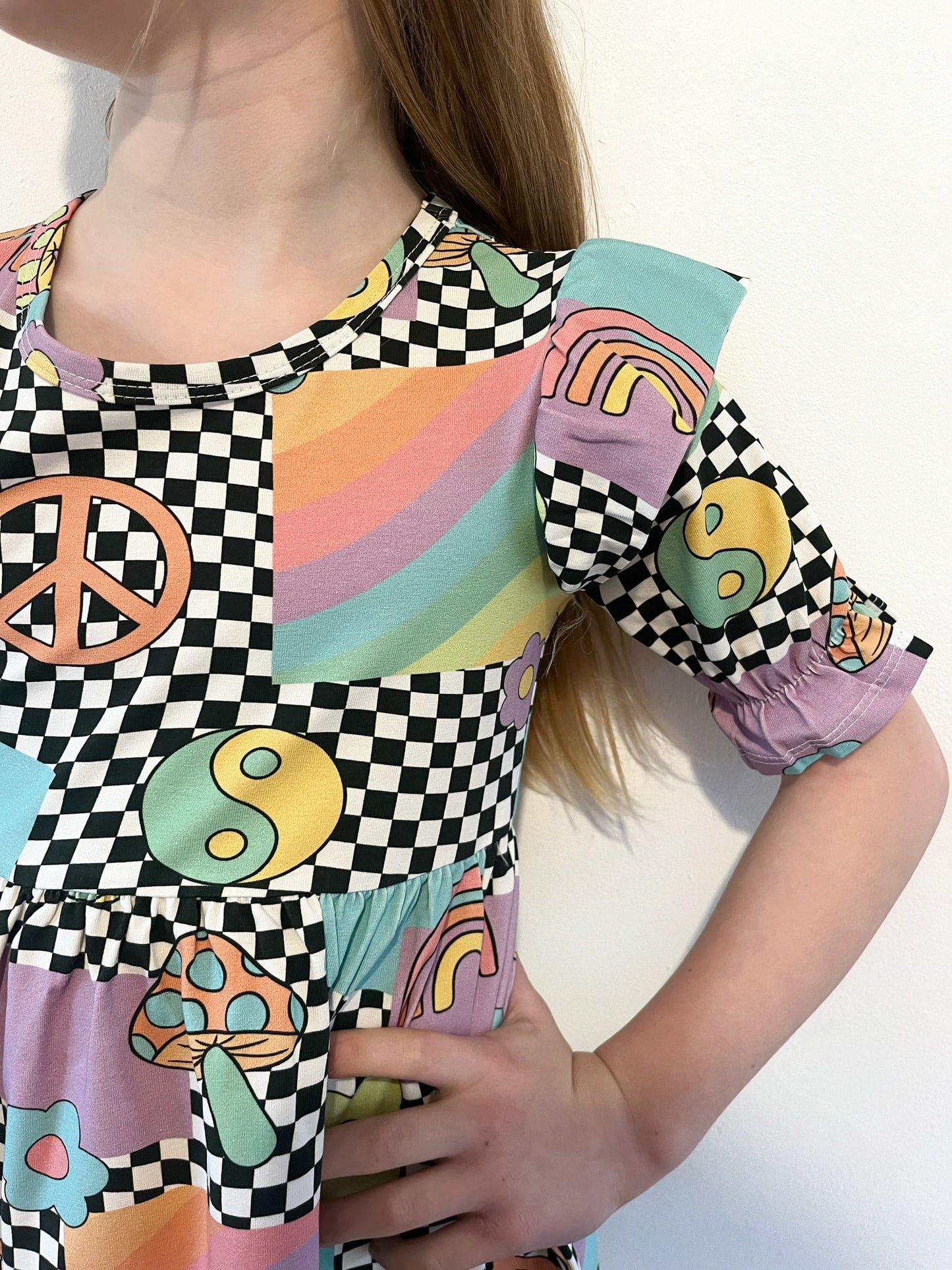 Pre Made Retro Shrooms Short Sleeve Ruffle Dresses – Peace, Rainbows & Mushrooms