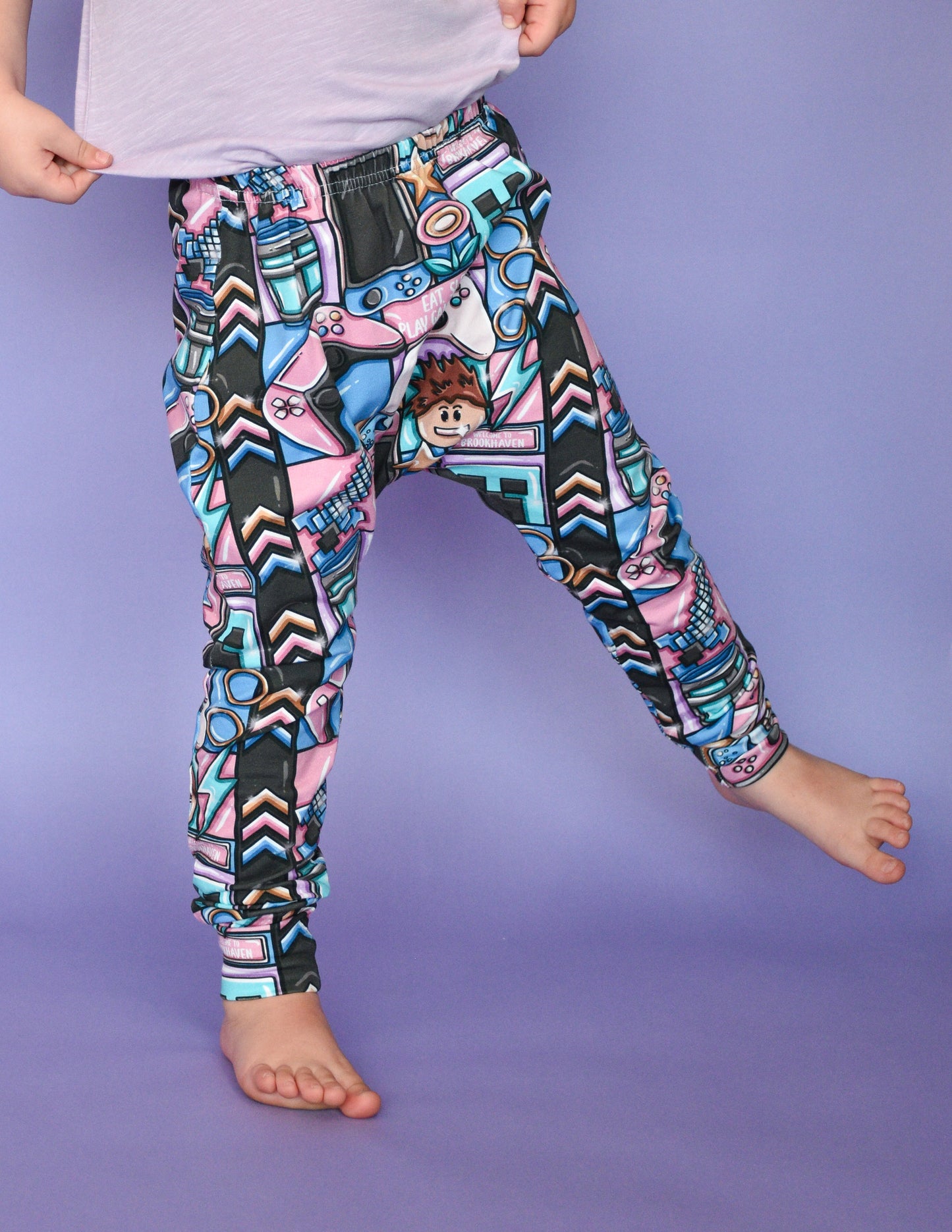 Pre Made Eat Sleep Game Kids Baggy Harems | Gaming Print Joggers for Kids