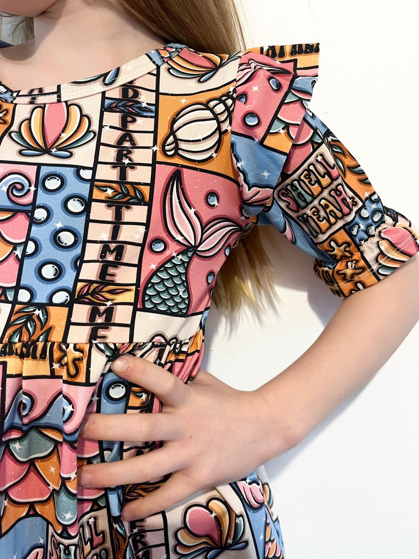 Pre Made Shell Yeah Short Sleeve Ruffle Dresses – Ocean-Inspired Fun for Girls