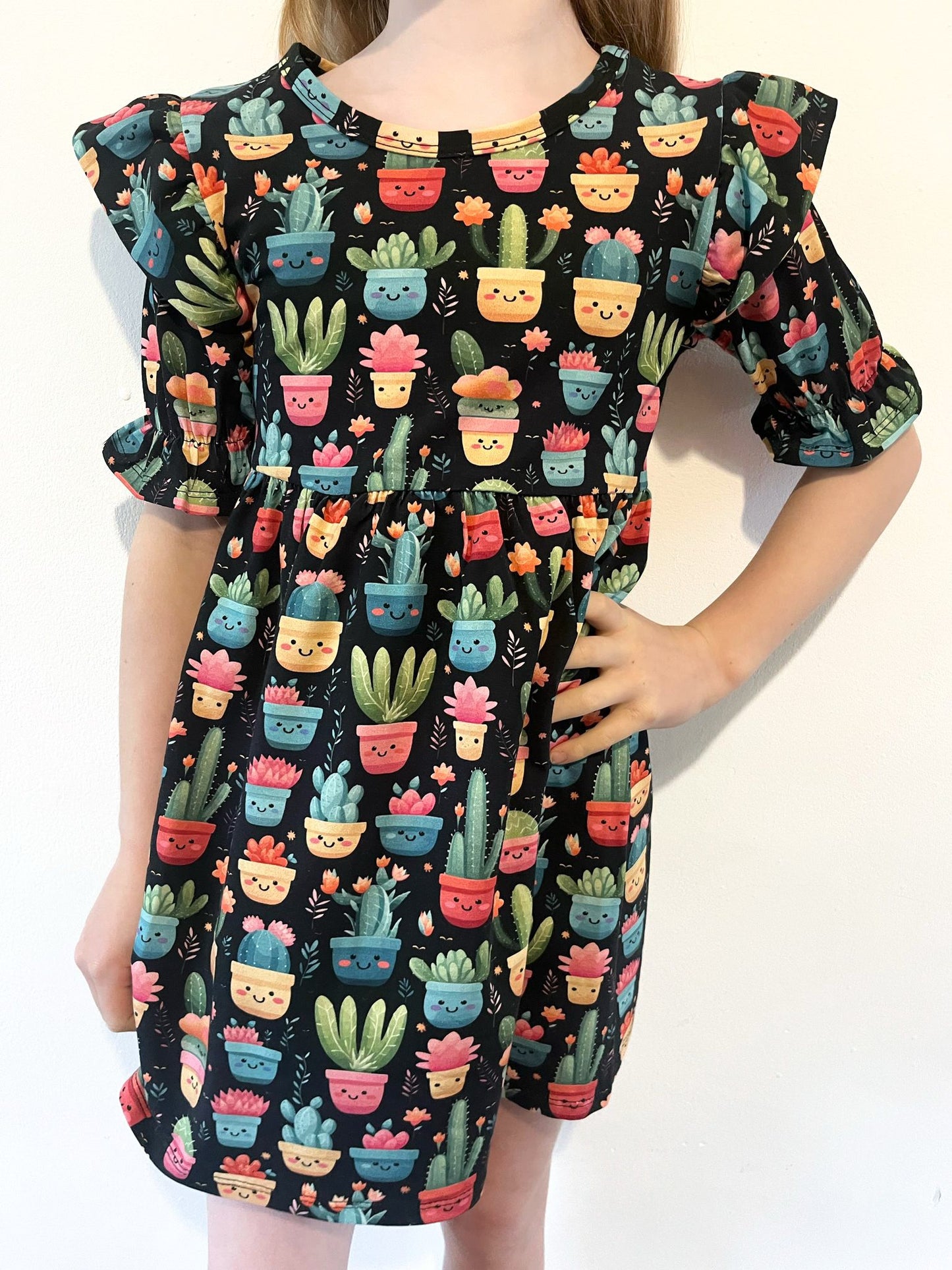Pre Made Cute Cacti Short Sleeve Ruffle Dresses - Fun Succulent Style