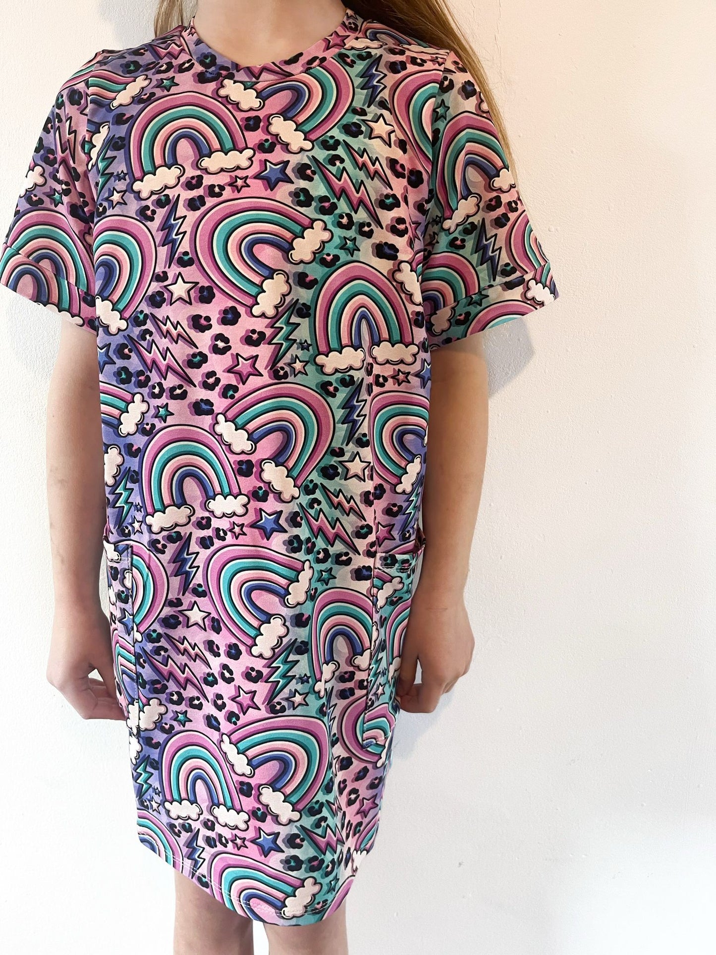“Electric Rainbow” Rainbow Smock Dress – Girls’ Retro Print Dress with Pockets. Pre made.