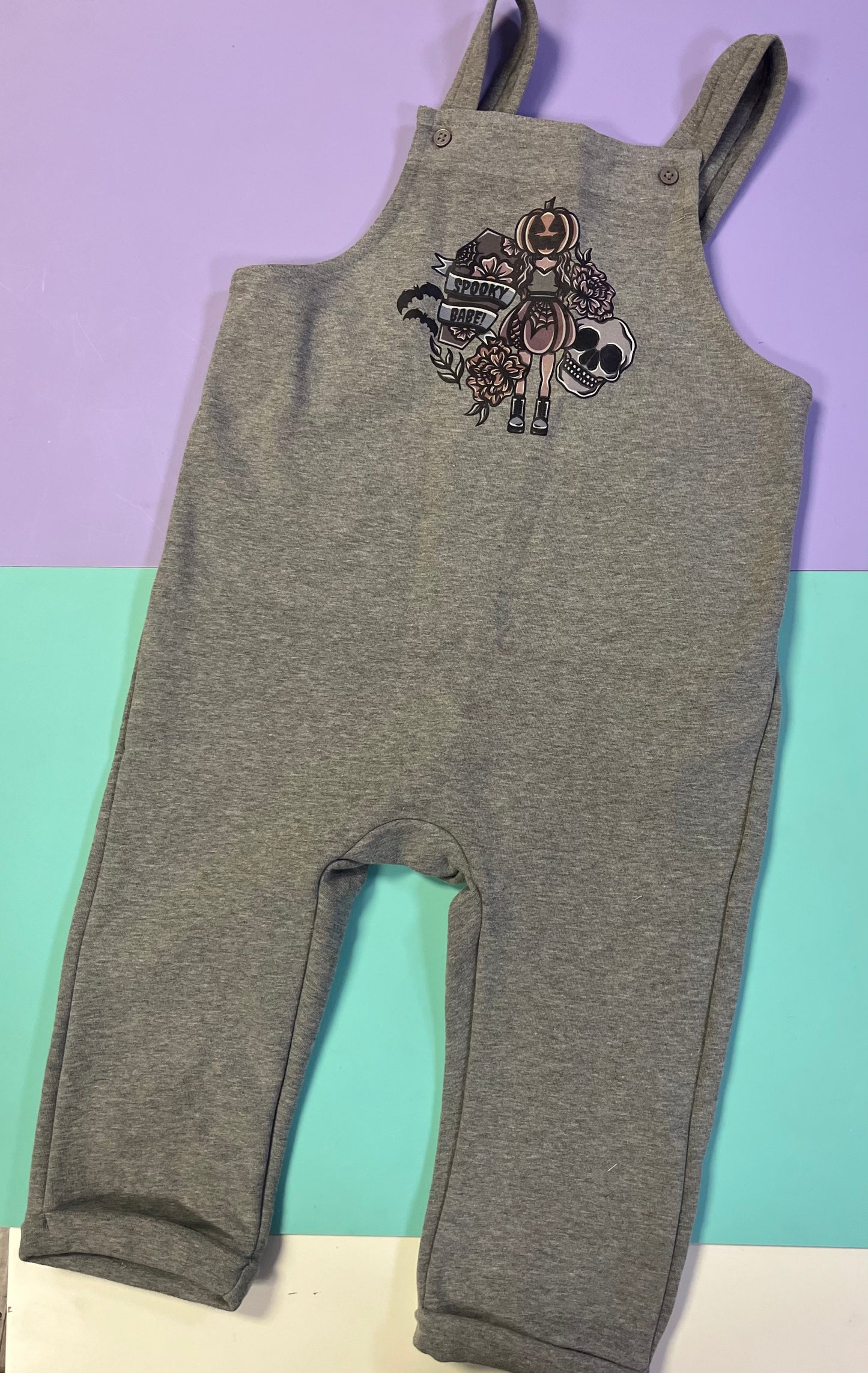 Pre Made Muted Spooky Printed Dungarees - GREY