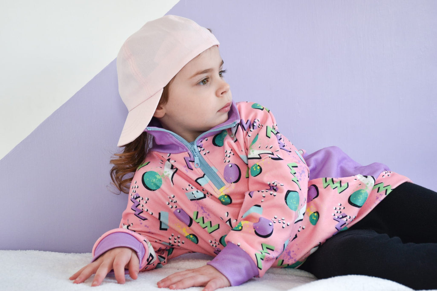 Kids 90s Pink Retro Pop Fleece Pullover – Half-Zip Hoodie with Lightning & Shapes Print