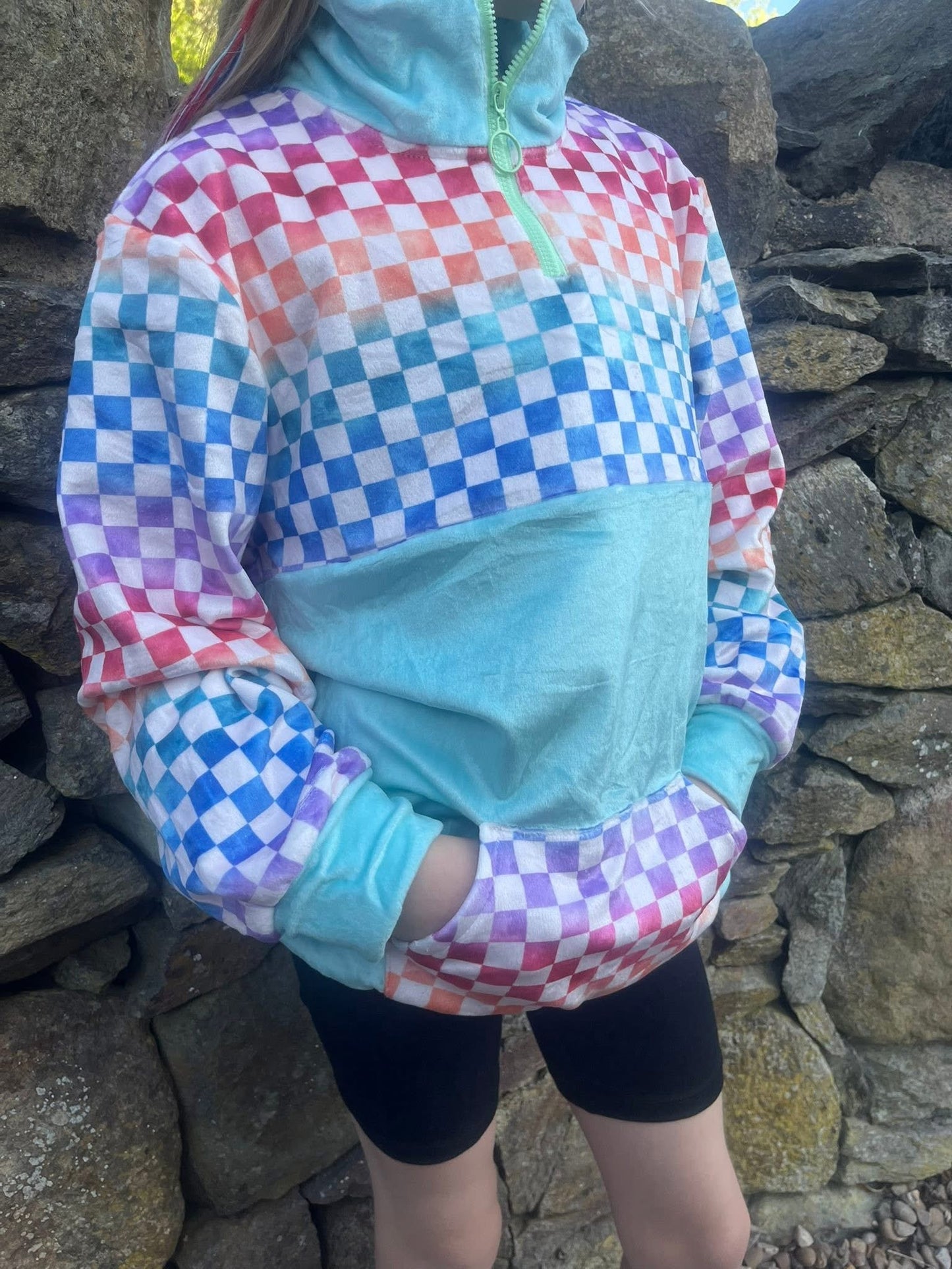 Kids Rainbow Checkerboard Retro Fleece Pullover – Half-Zip Hoodie