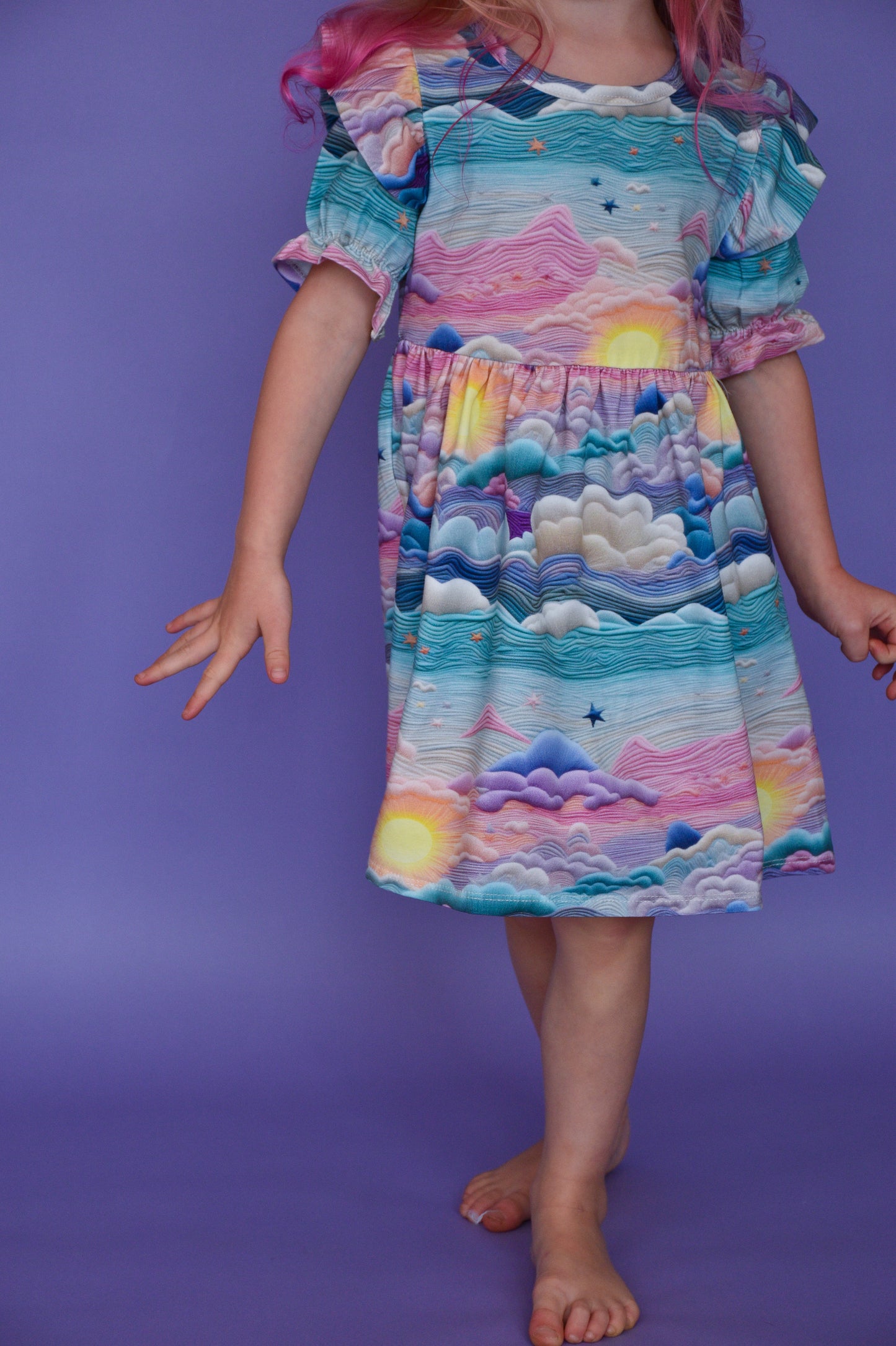 Pre Made Pretty Sunsets Short Sleeve Ruffle Dresses – Handmade Sunset Cloud Print Dress for Kids