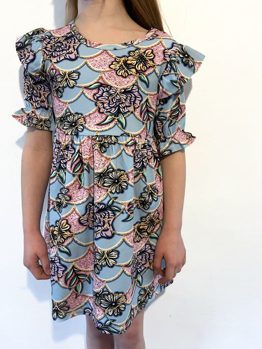 Pre Made Blue Floral Scales Short Sleeve Ruffle Dresses