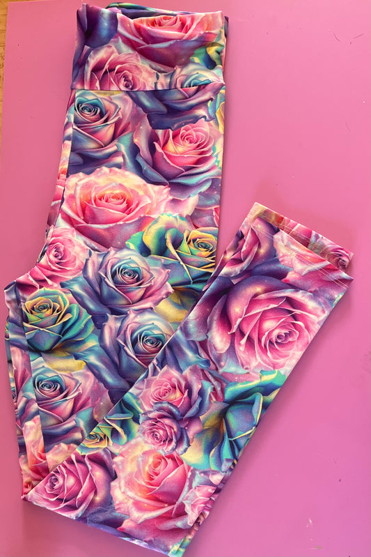 Pre Made Comfy Adult Leggings - Iridescent Roses