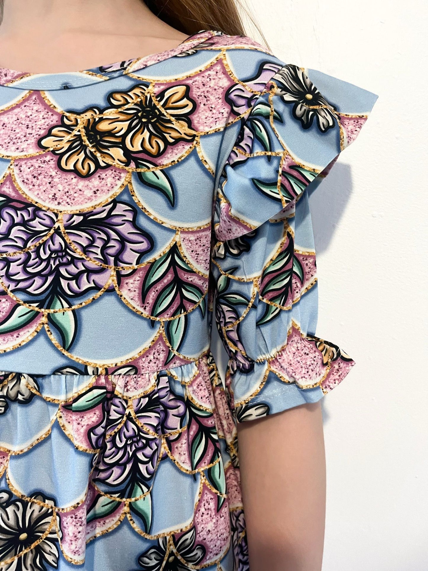 Pre Made Blue Floral Scales Short Sleeve Ruffle Dresses