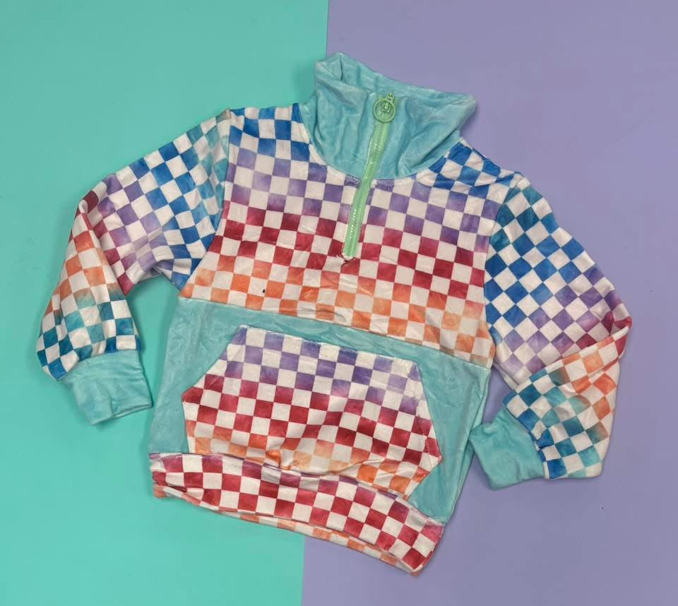 Kids Rainbow Checkerboard Retro Fleece Pullover – Half-Zip Hoodie